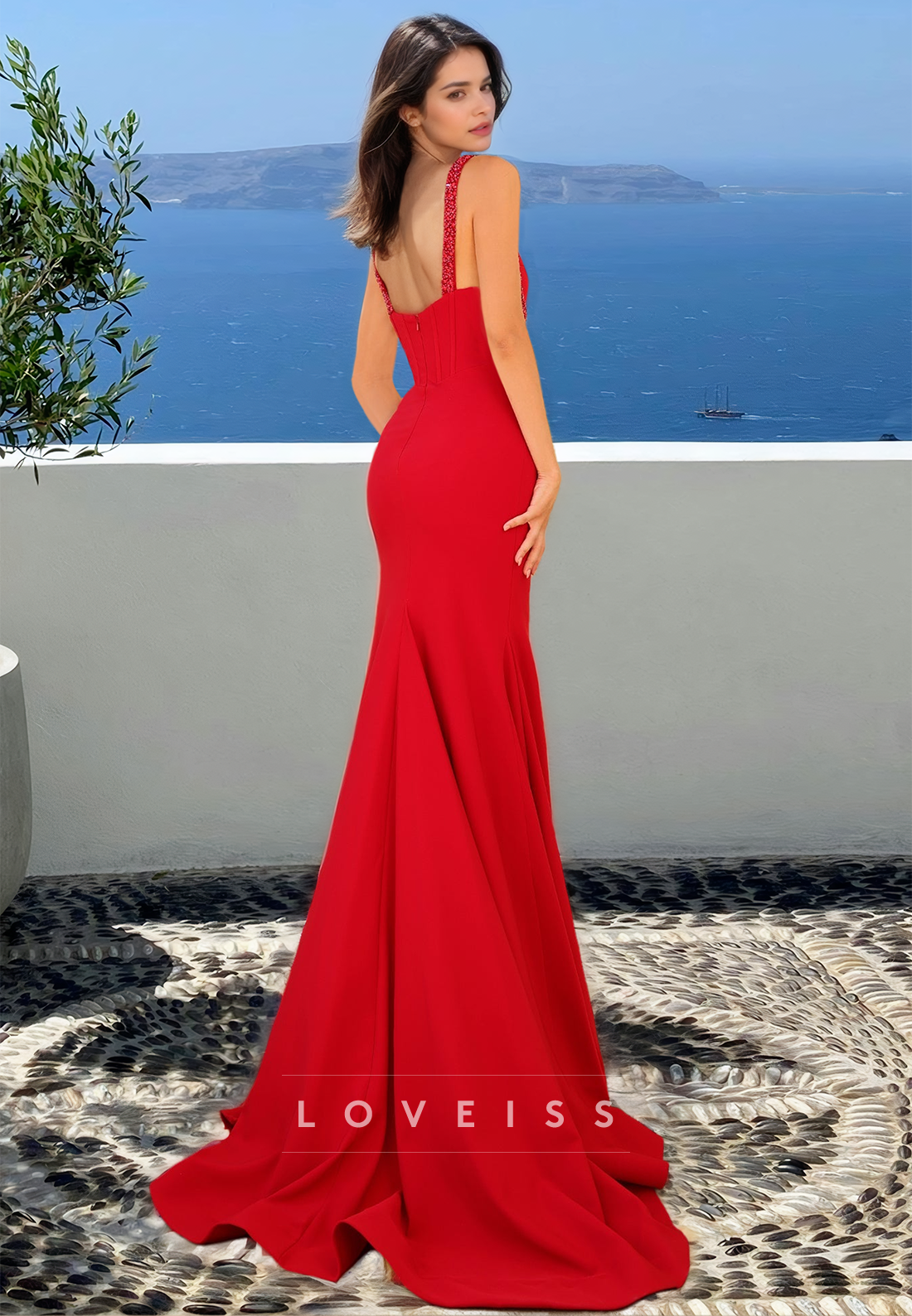 V-Neck Straps Side Slit Sleek Mermaid Evening Dress