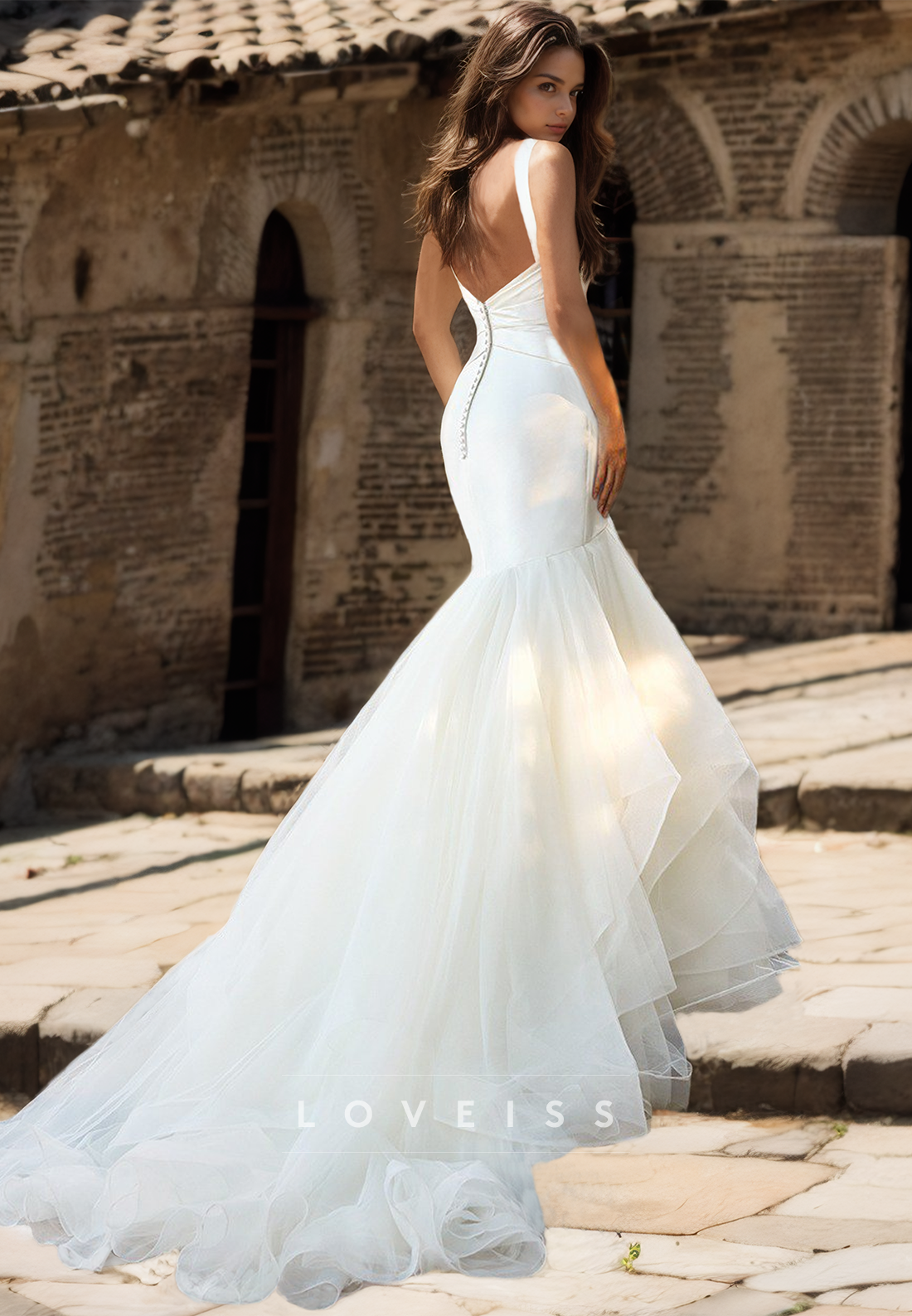 V-Neck Straps Sleek Mermaid Sweep Train Wedding Dress