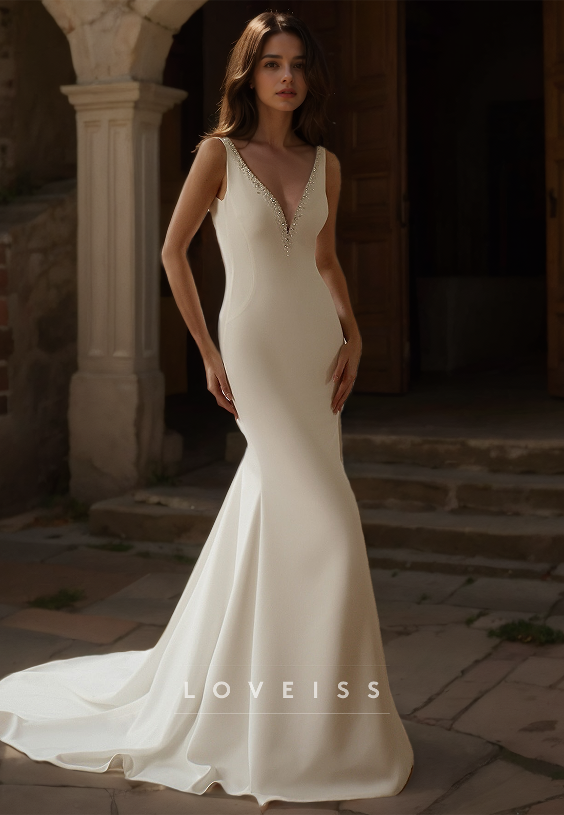 V-Neck Straps Sleek Satin Beaded Removable Train Mermaid Wedding Dress