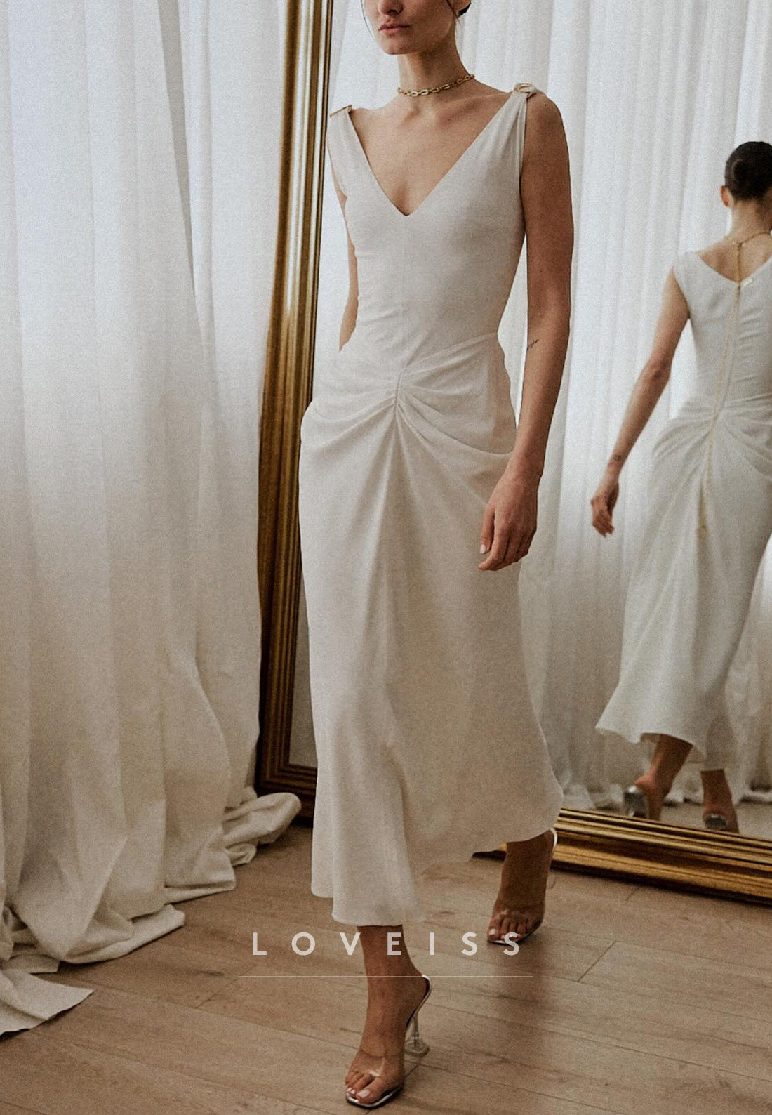 V-Neck Straps Sleek Sheath Ruched Midi Wedding Dress