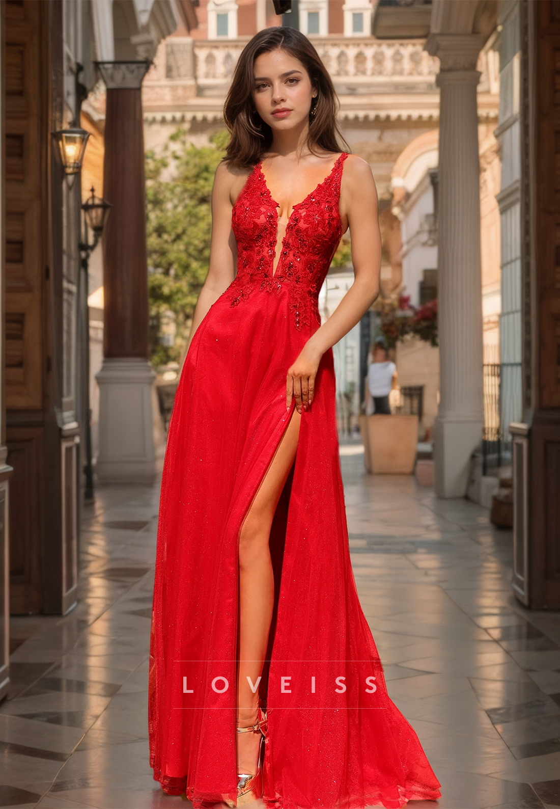 V-Neck Straps Sleeveless Appliques A-Line Prom Dress