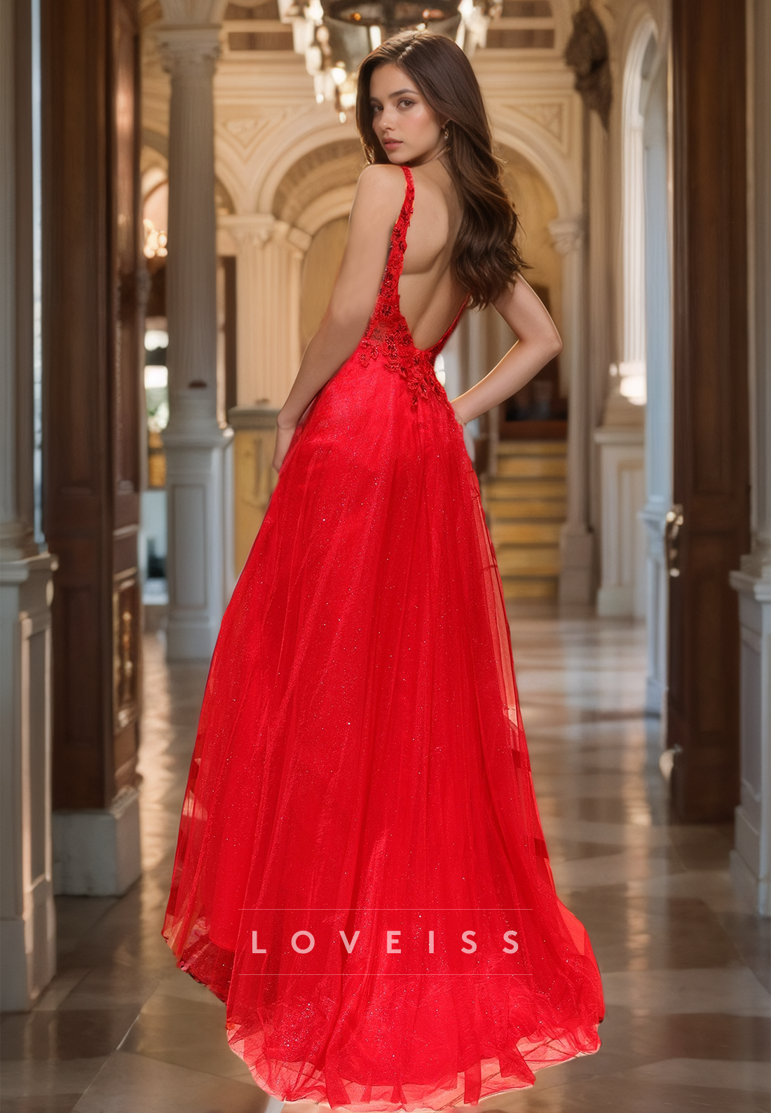 V-Neck Straps Sleeveless Appliques A-Line Prom Dress