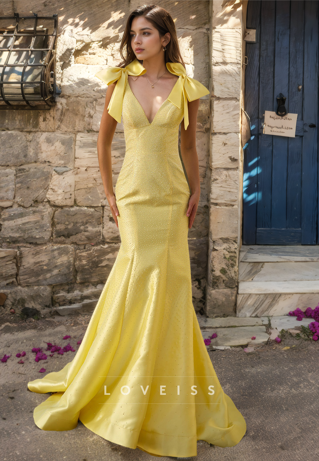 V-Neck Straps Sleeveless Beaded Mermaid Prom Dress