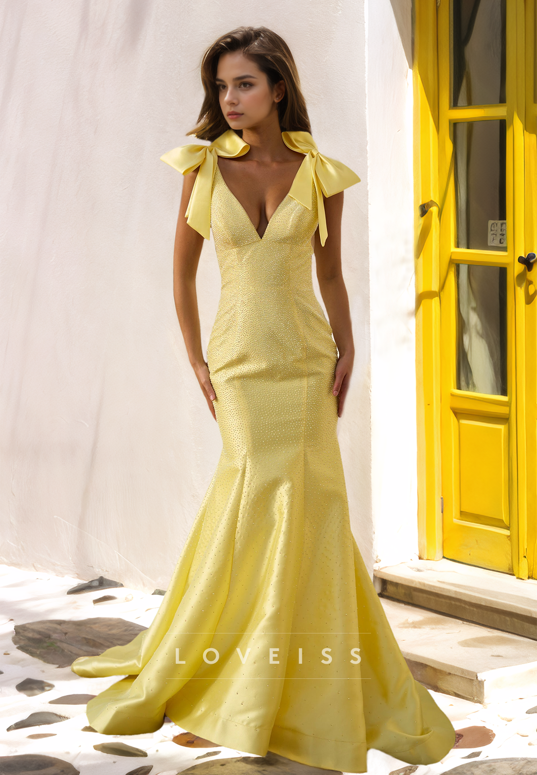 V-Neck Straps Sleeveless Beaded Mermaid Prom Dress