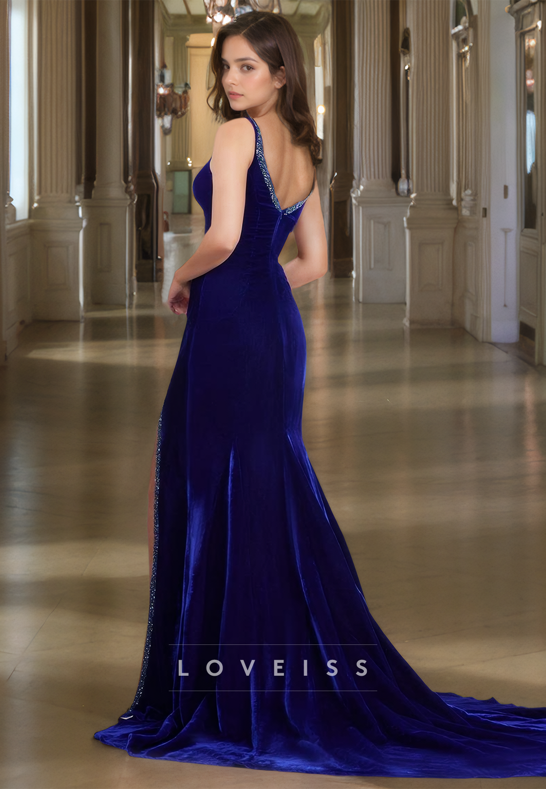 V-Neck Straps Sleeveless Sleek High Slit Sheath Formal Dress