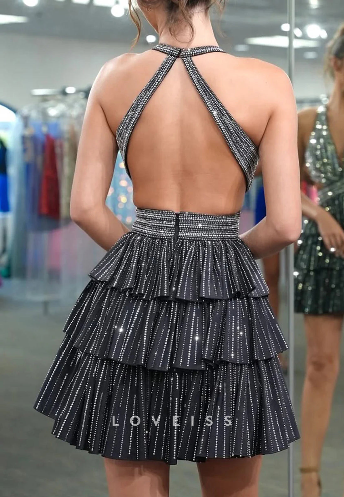 V-Neck Straps Sparkly Tiered A-Line Party Homecoming Dress