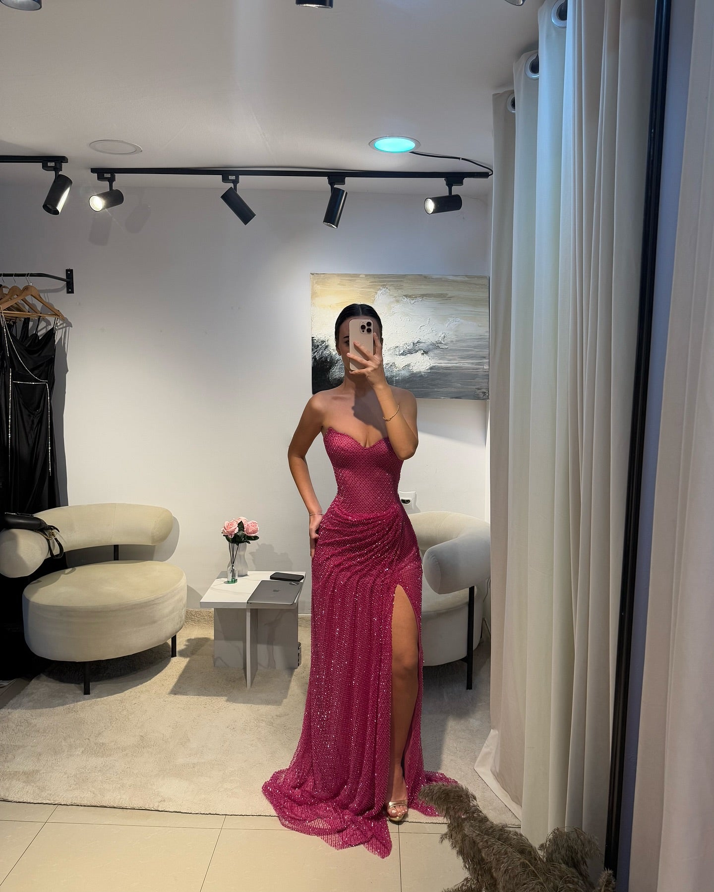 Sweetheart Sleeveless Ruch Side Slit Sheath Sparkly Prom Dress