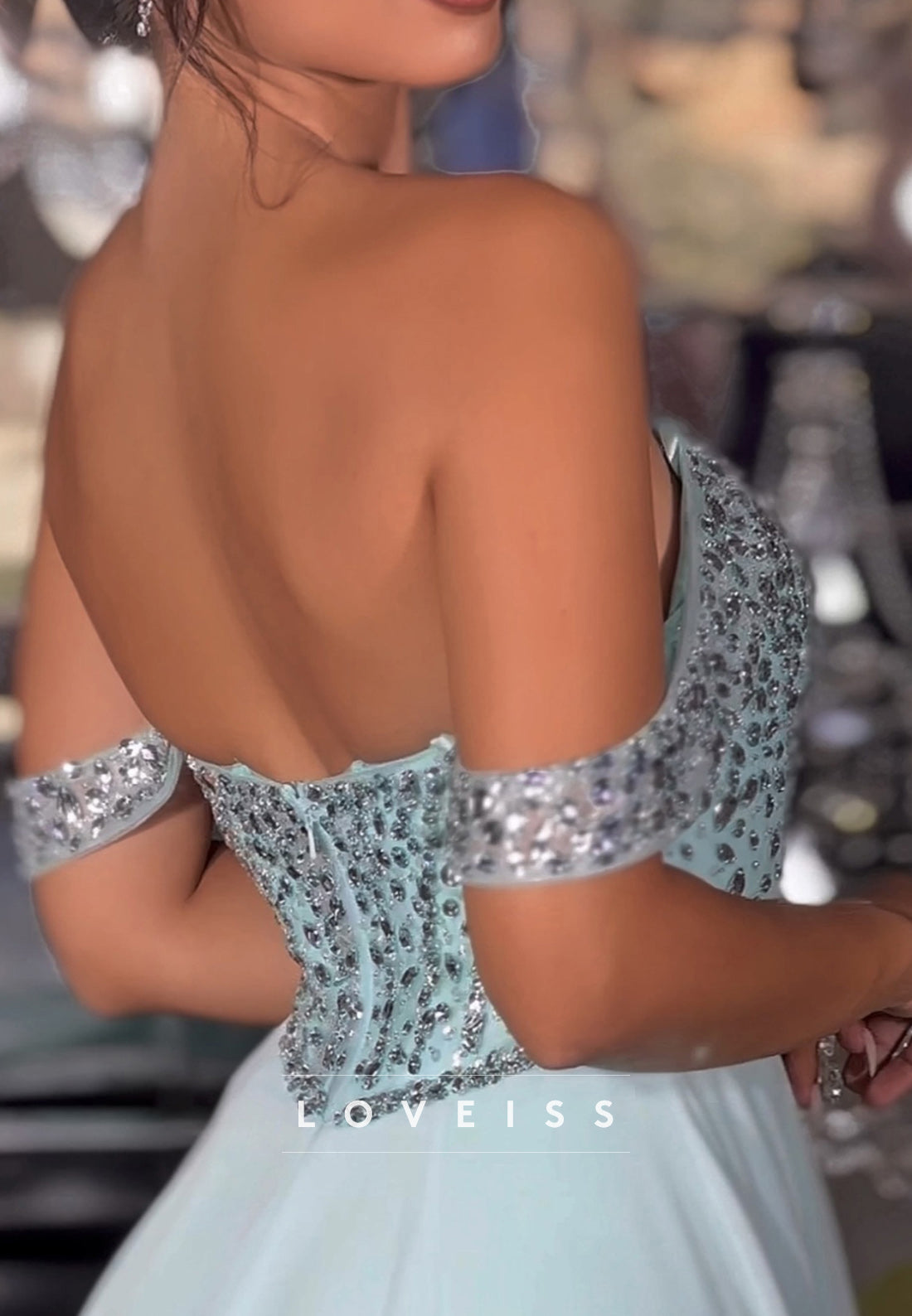Off-Shoulder Sleeveless Beaded Side Slit A-Line Prom Dress