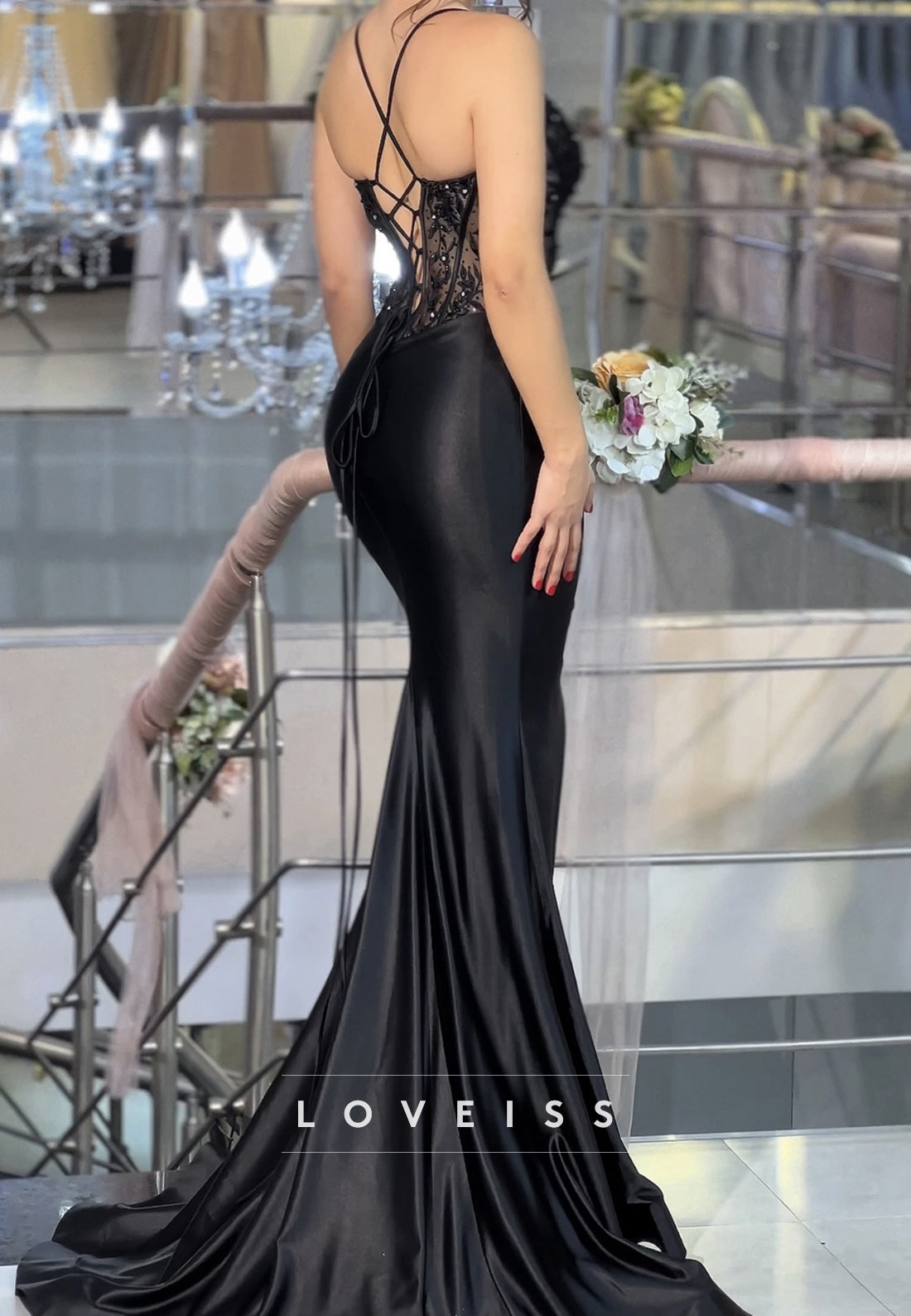V-Neck Spaghetti Straps Appliques Sequins Sheer Mermaid Prom Dress