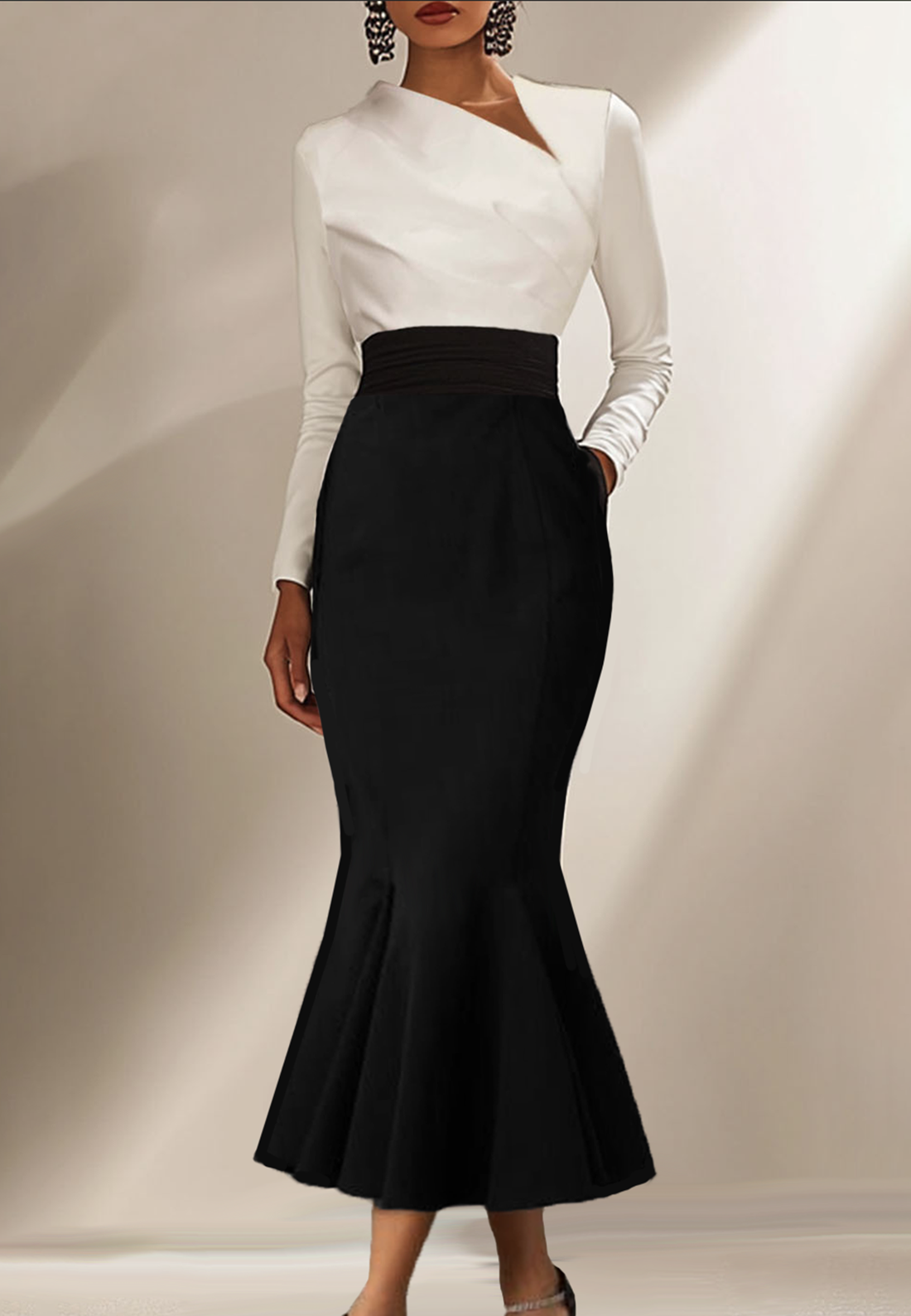 White Black Long-Sleeve Pencil Dress Flare Mermaid Work Dress Loveiss White Black Long-Sleeve Pencil Dress Flare Mermaid Work Dress Loveiss