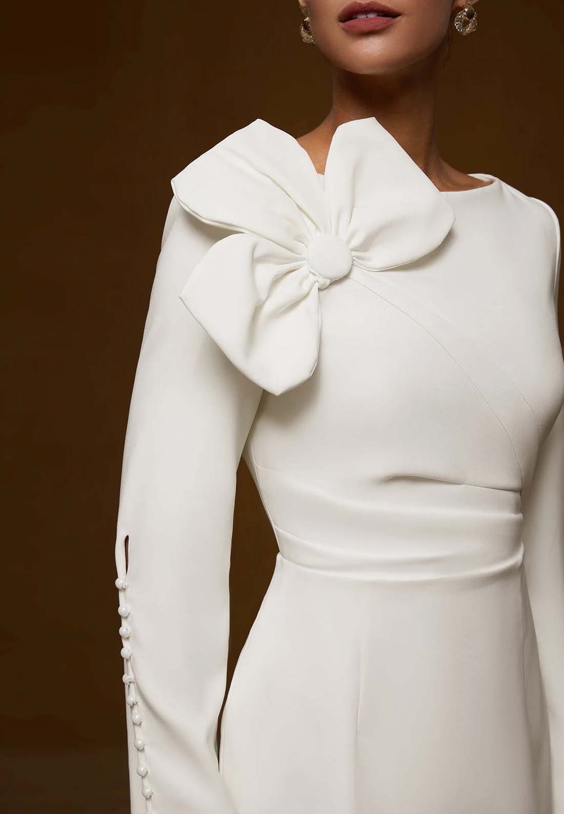 White Bow Long Sleeve Sheath Midi Dress