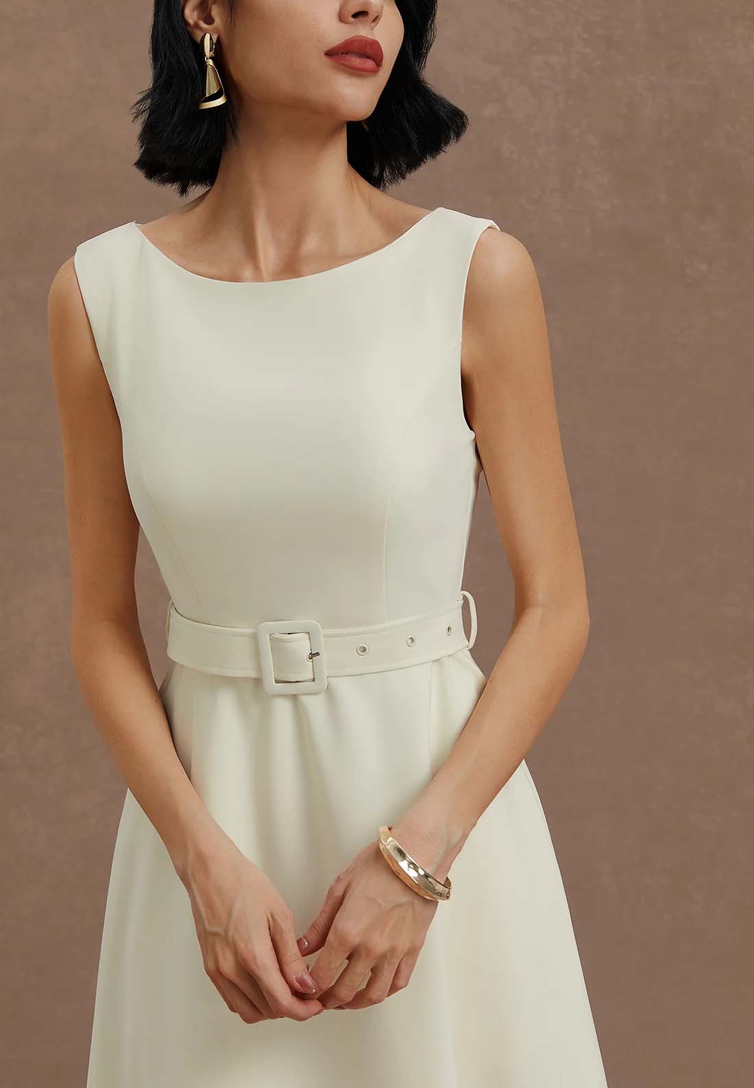 White Classic Boat Neck Sleeveless A-Line Midi Dress