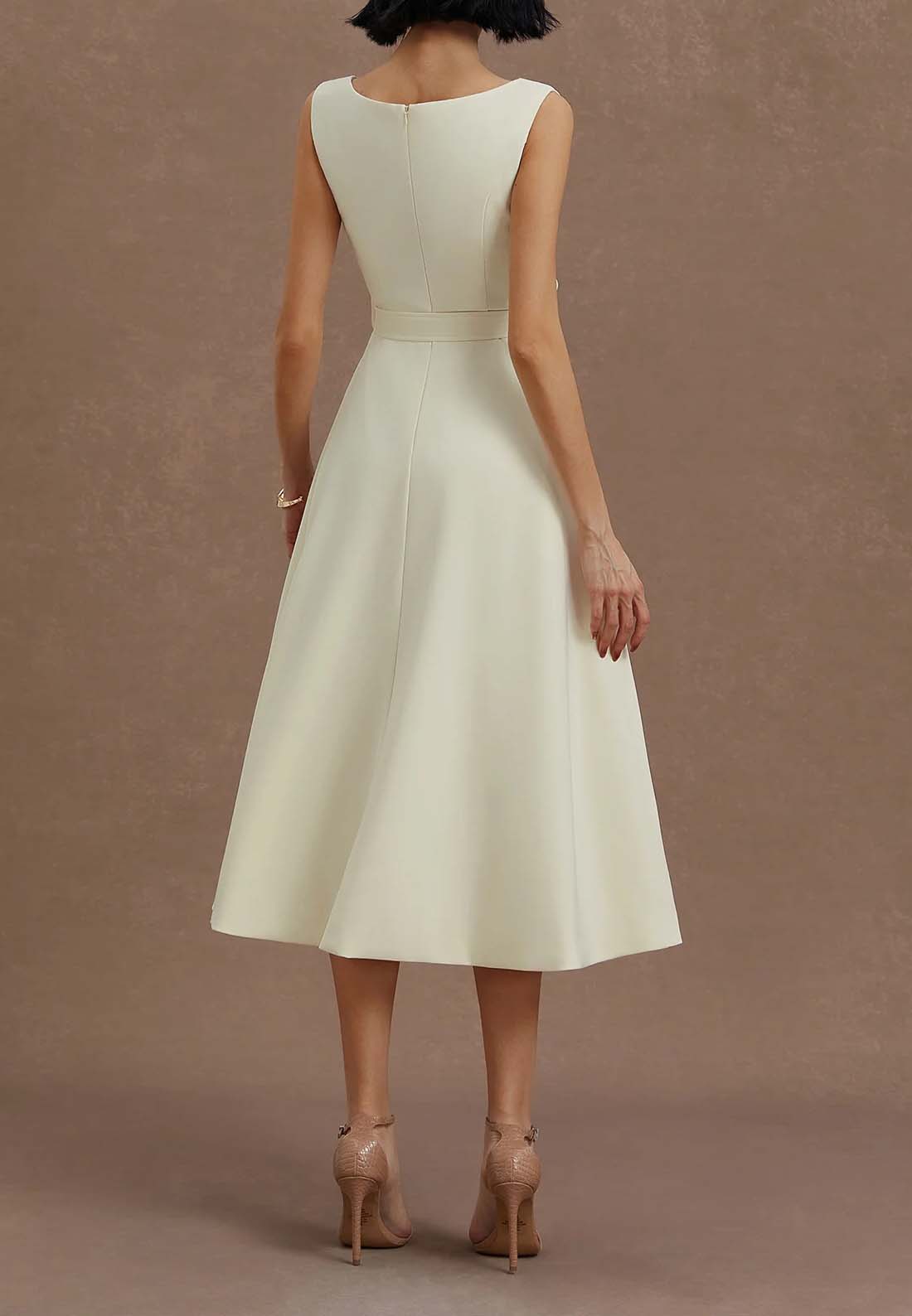 White Classic Boat Neck Sleeveless A-Line Midi Dress