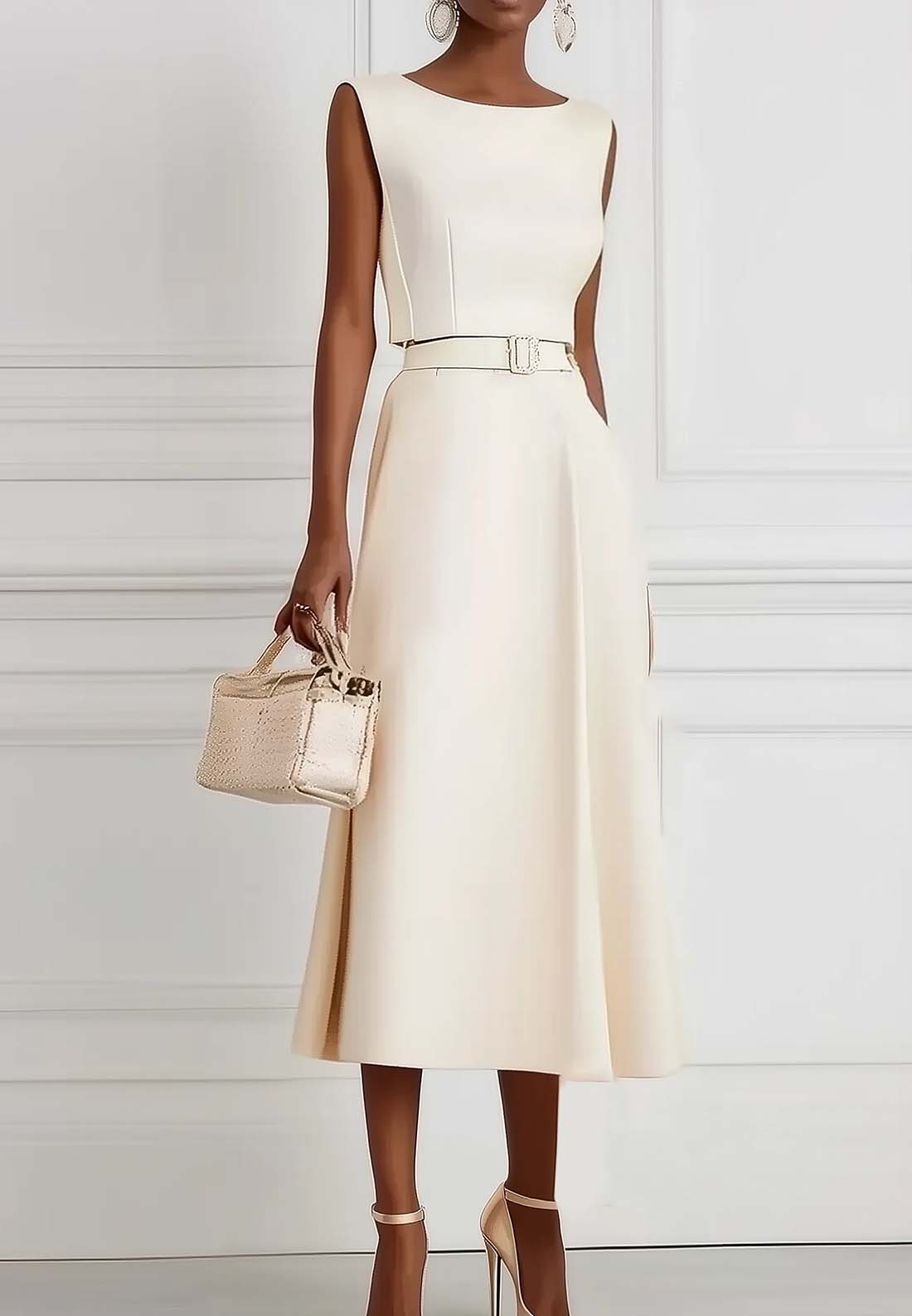 White Classic Boat Neck Sleeveless A-Line Midi Dress Loveiss White Classic Boat Neck Sleeveless A-Line Midi Dress Loveiss