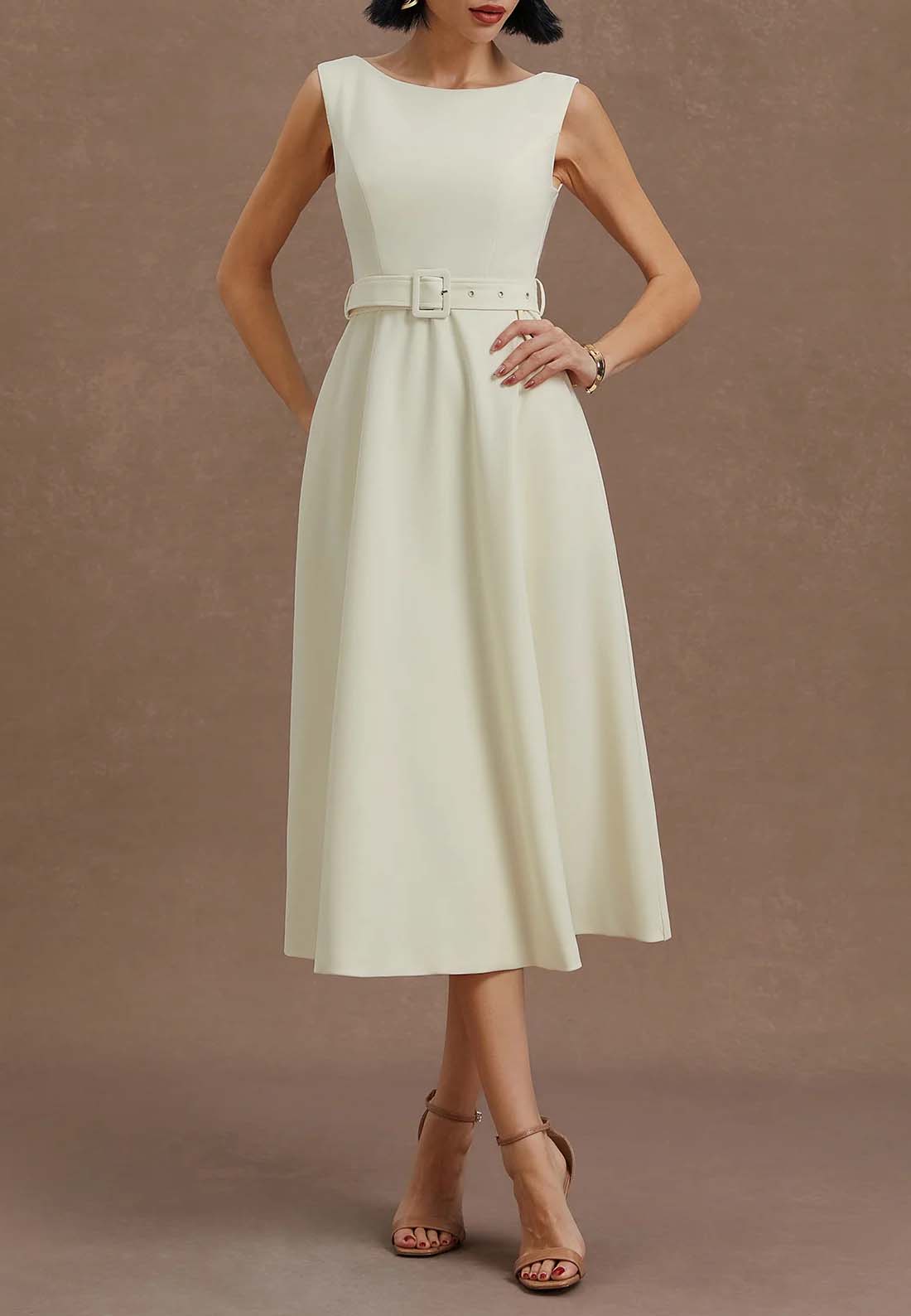 White Classic Boat Neck Sleeveless A-Line Midi Dress