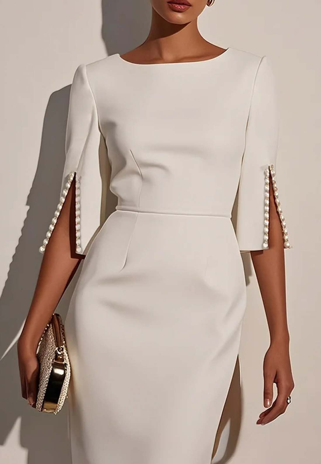 White Imitation Pearls Classic Crew Neck Half Sleeve Sheath Midi Dress