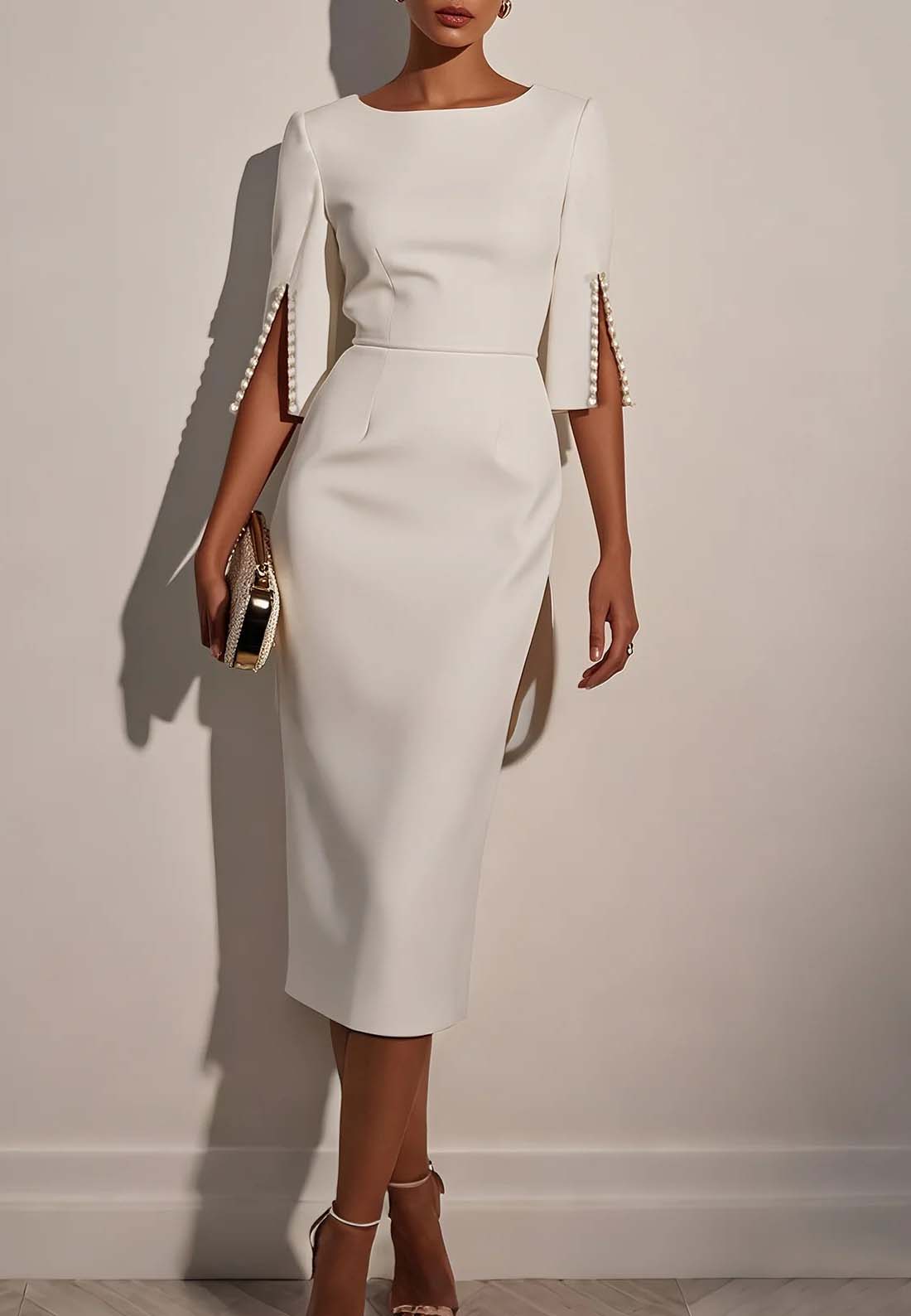 White Imitation Pearls Classic Crew Neck Half Sleeve Sheath Midi Dress