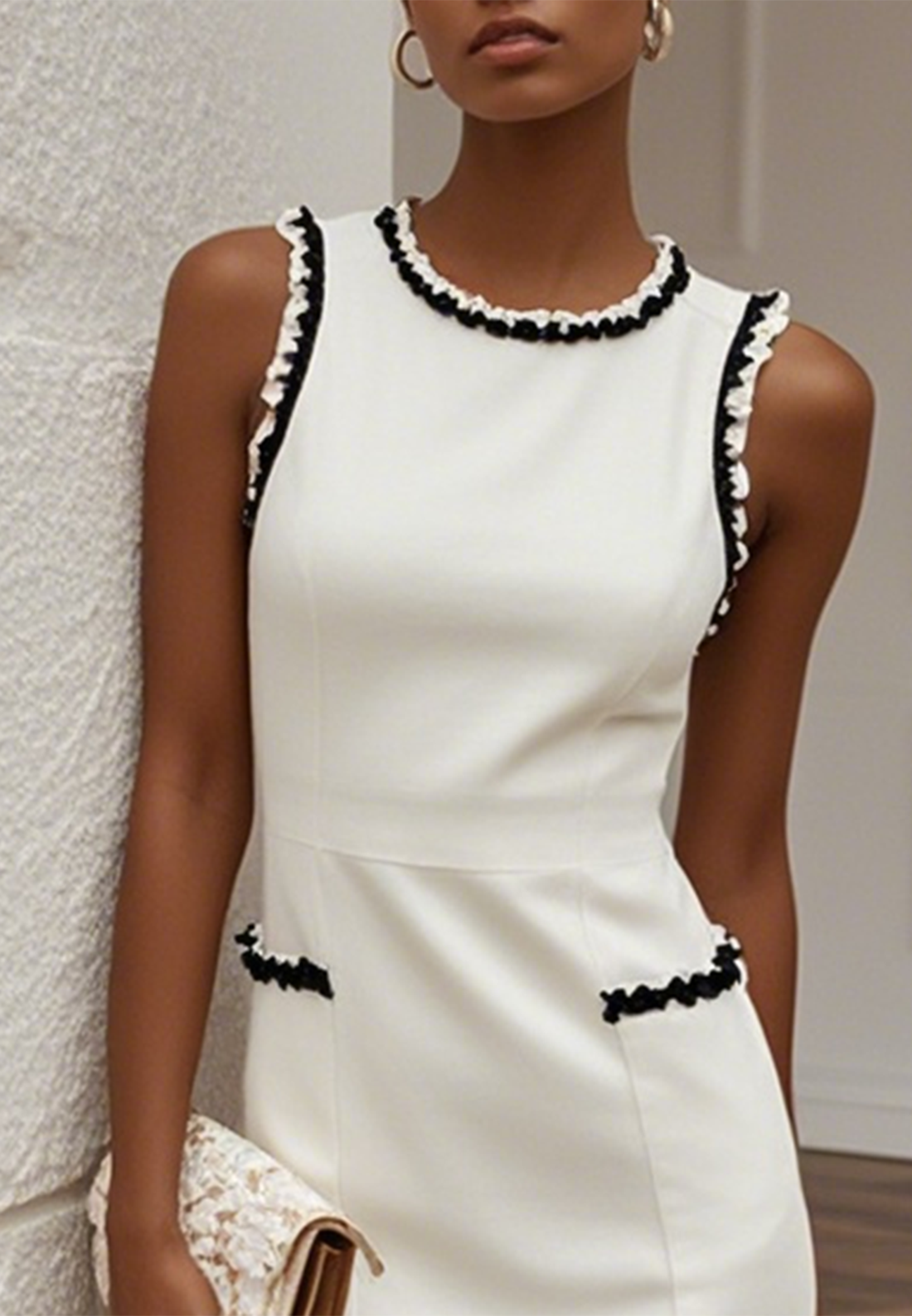 White Lace Classic Crew Neck Sleeveless Balloon Sleeve Sheath Midi Dress