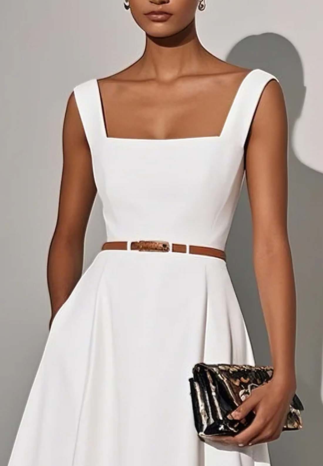 White Lace Classic Square Neck Sleeveless A-Line Maxi Dress