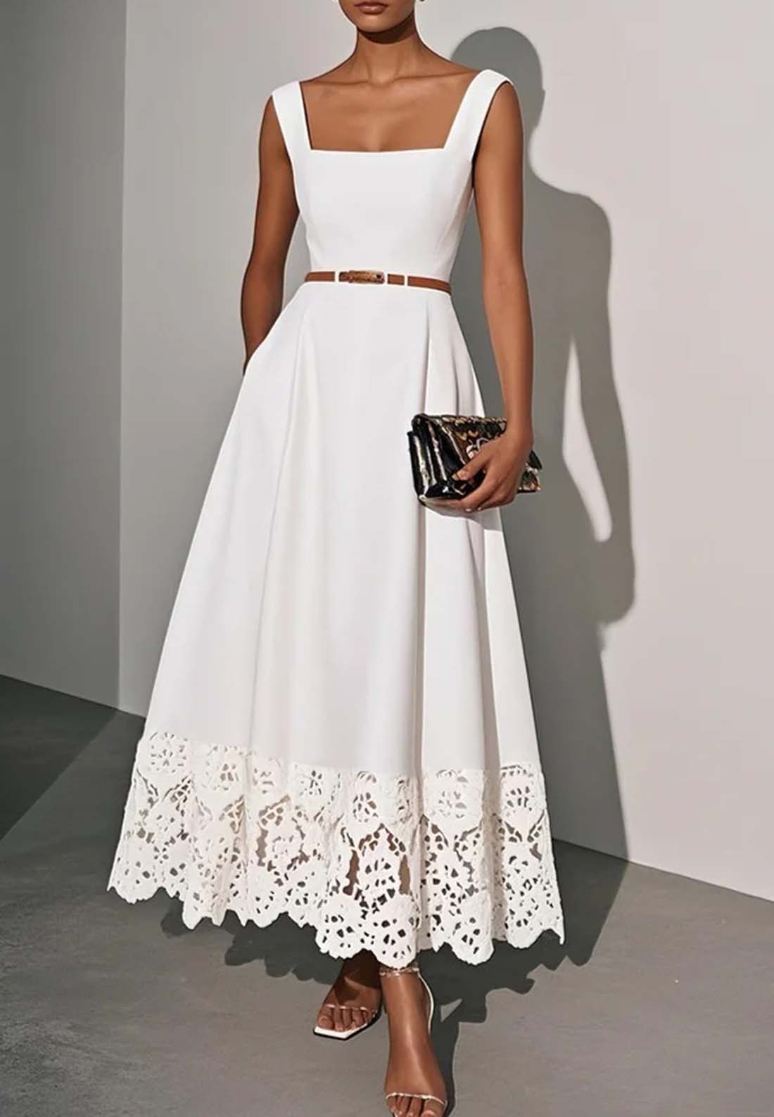 White Lace Classic Square Neck Sleeveless A-Line Maxi Dress Loveiss White Lace Classic Square Neck Sleeveless A-Line Maxi Dress Loveiss
