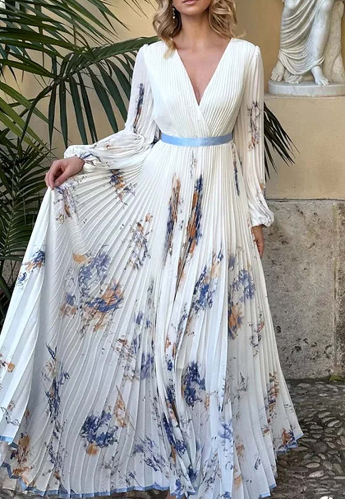 White Pleated Chiffon V Neck Floral Long Sleeve Balloon Sleeve A-Line Maxi Dress