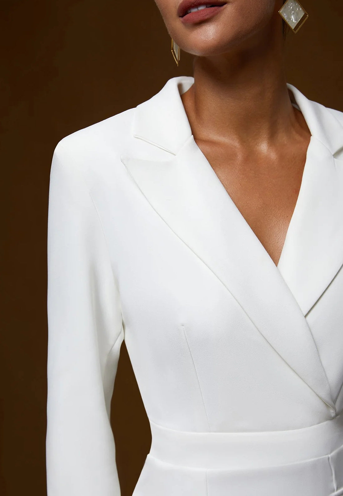 White Ruffled Shawl Collar Mermaid Midi Blazer Dress