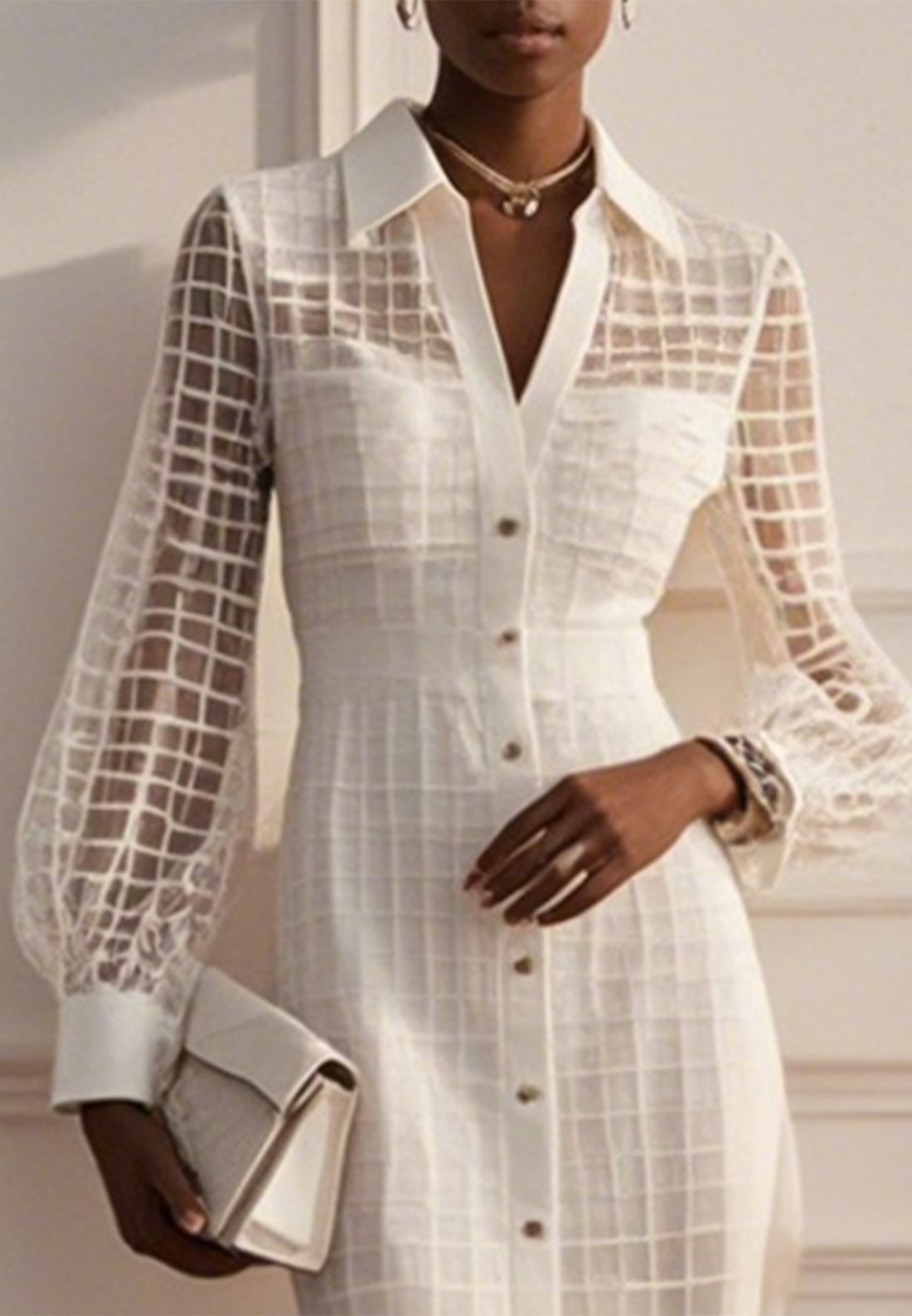 White Shirt Dress Shirt Collar Long Sleeve Balloon Sleeve Sheath Midi Dress