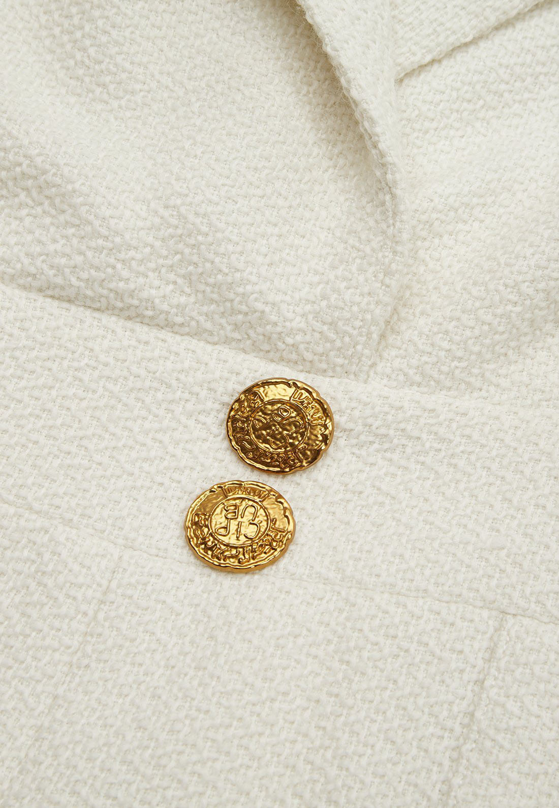 White Tweed Buckle Pocket Stitching Lapel Collar Wide-Leg Jumpsuit