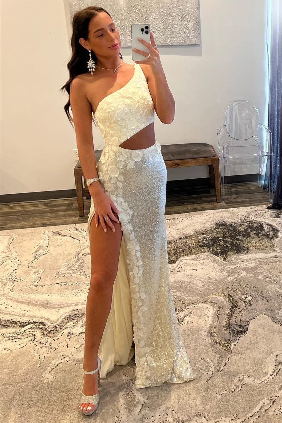One Shoulder Sleeveless Appliques Illusion Sheath Prom Dress