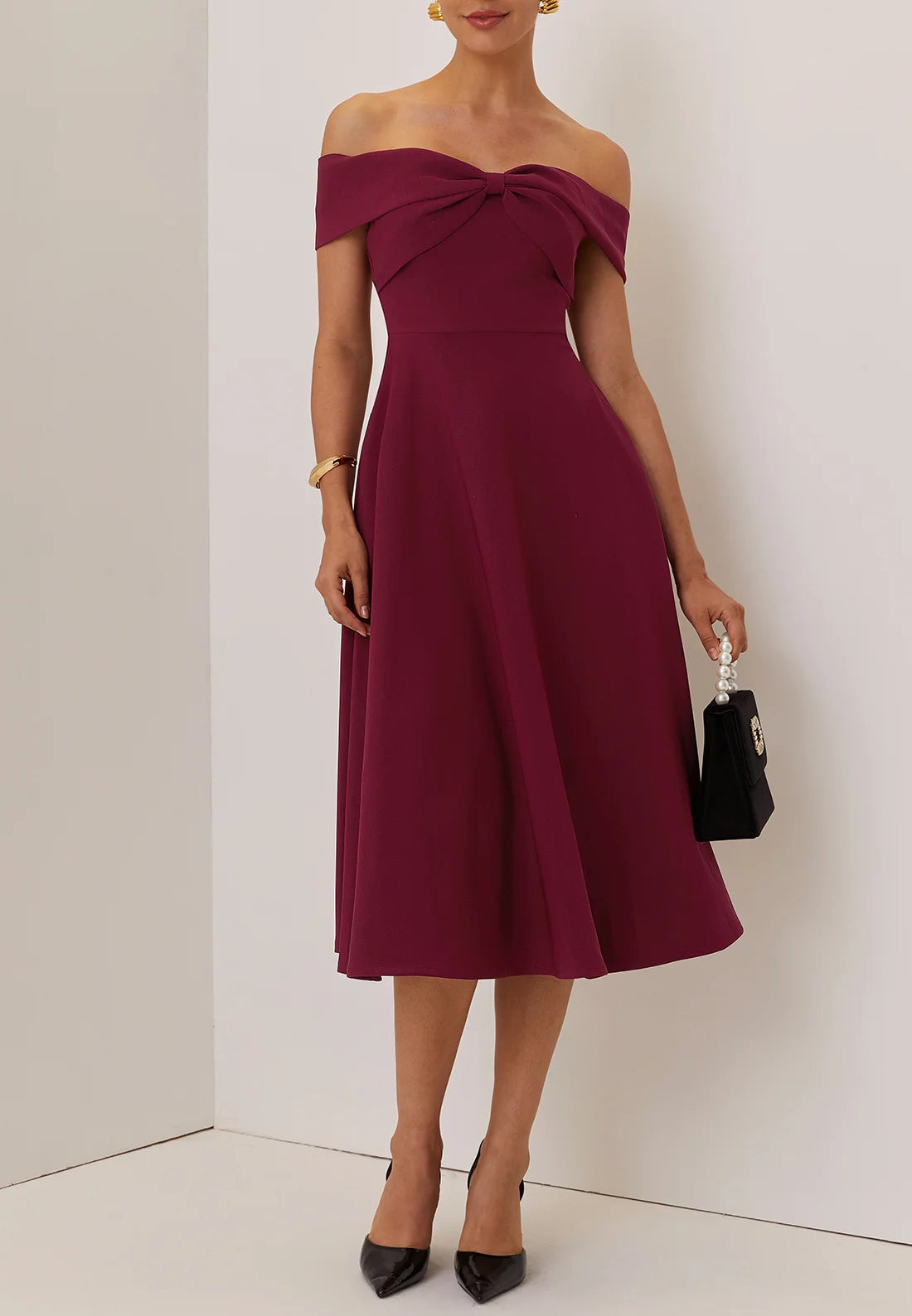 Wine Red Cross Classic Off The Shoulder Short Sleeve A-Line Midi Dress Loveiss Wine Red Cross Classic Off The Shoulder Short Sleeve A-Line Midi Dress Loveiss