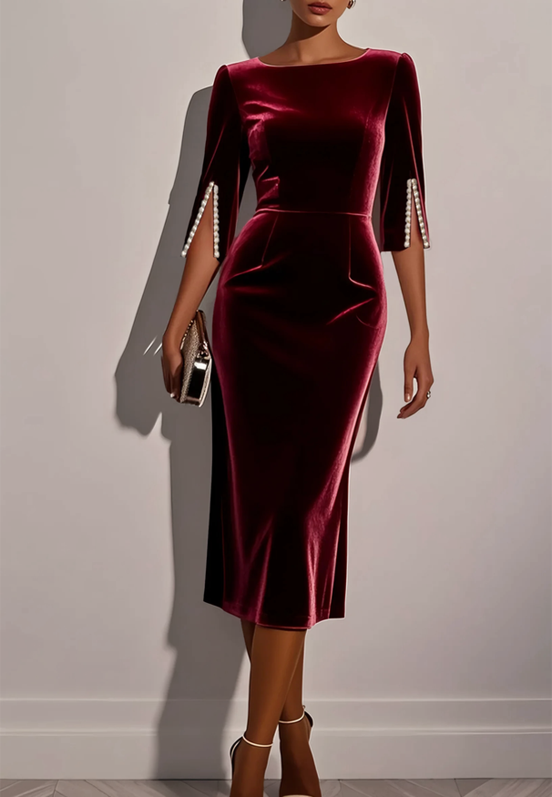 Wine Red Imitation Pearls Velvet Boat Neck Half Sleeve Sheath Midi Dre Loveiss Wine Red Imitation Pearls Velvet Boat Neck Half Sleeve Sheath Midi Dre Loveiss