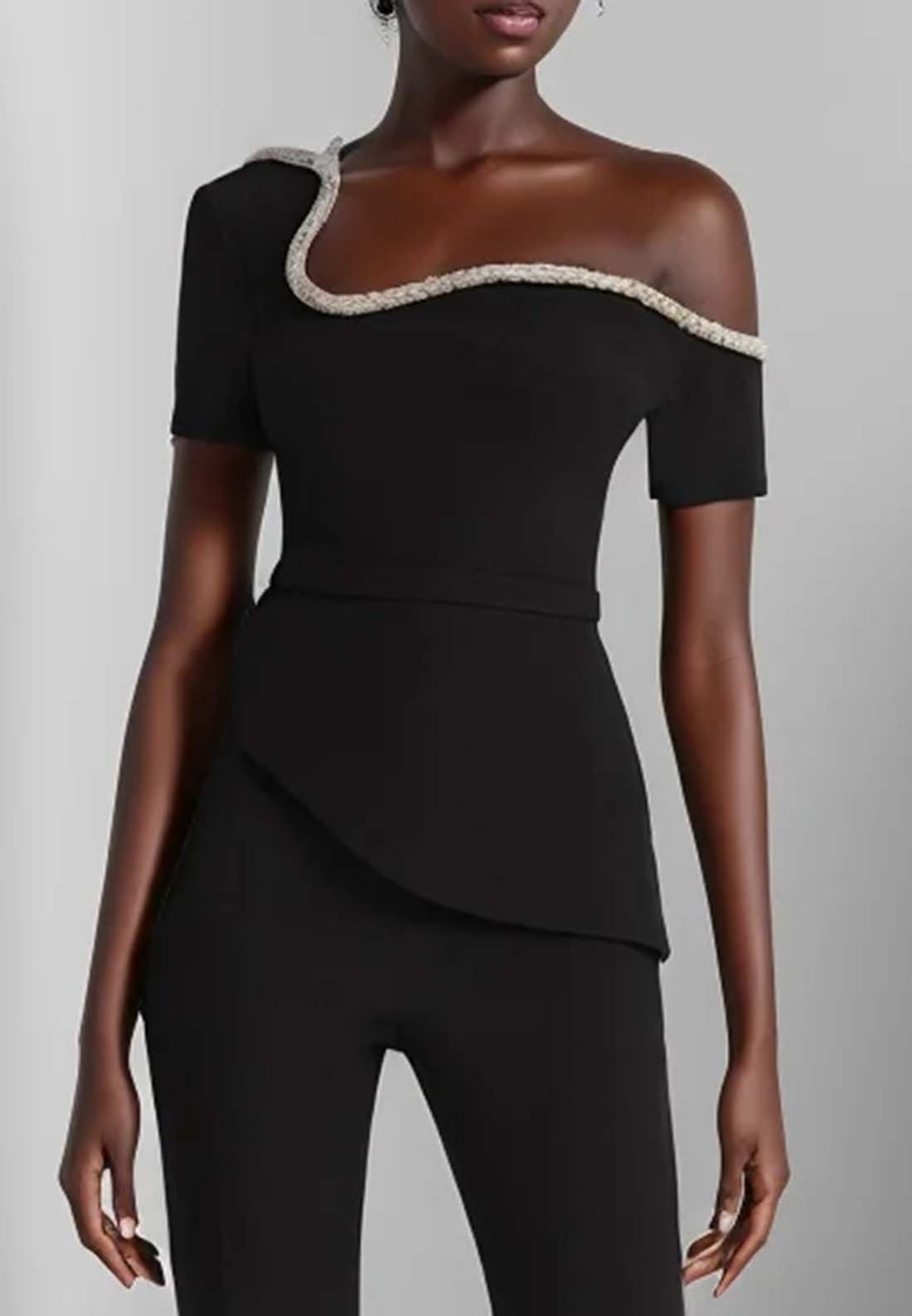 Women Black Asymmetrical Rheinstone Wide-Leg Jumpsuit