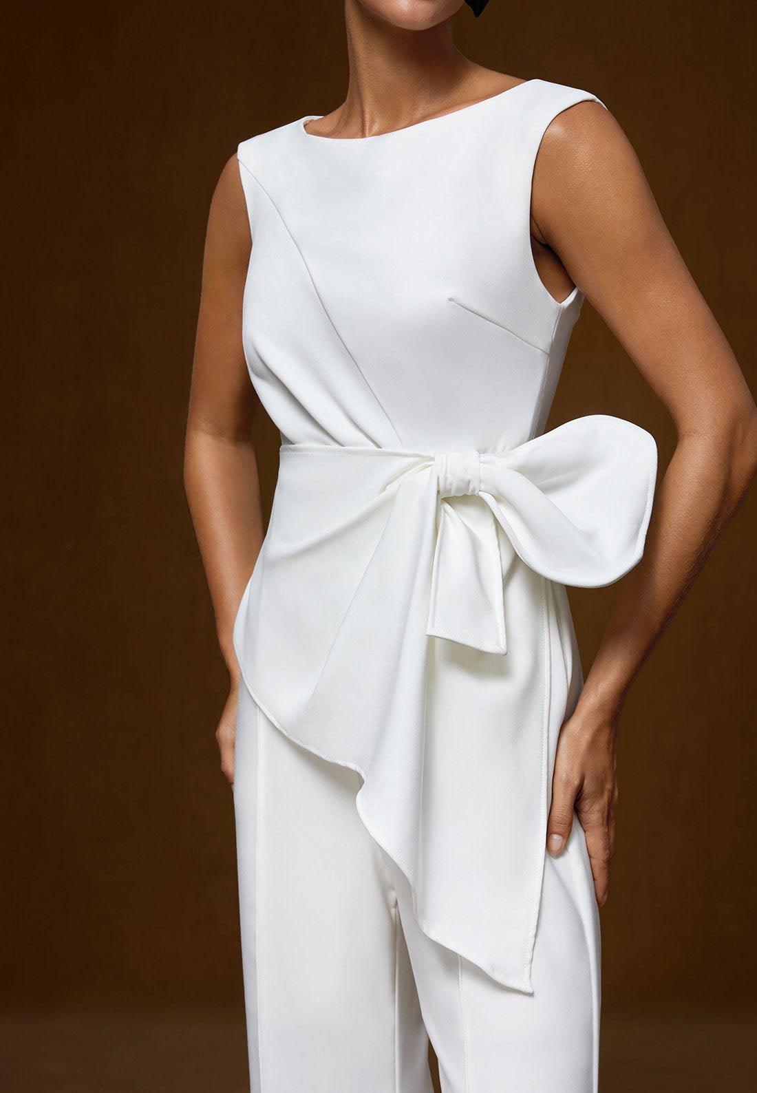 Women White Boat Neck Sleeveless Bow Wide-Leg Jumpsuit