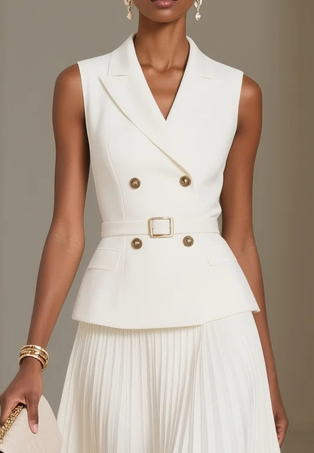 Women White Pleated Buckle Peaked Lapel Collar Sleeveless Dressy Top With Skirt
