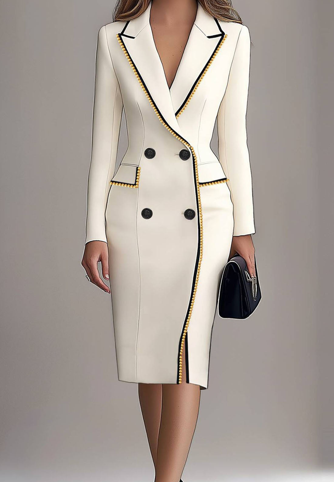 Work Business Blazer Dress Lapel Pearl Long Sleeve Midi Dress Loveiss Work Business Blazer Dress Lapel Pearl Long Sleeve Midi Dress Loveiss