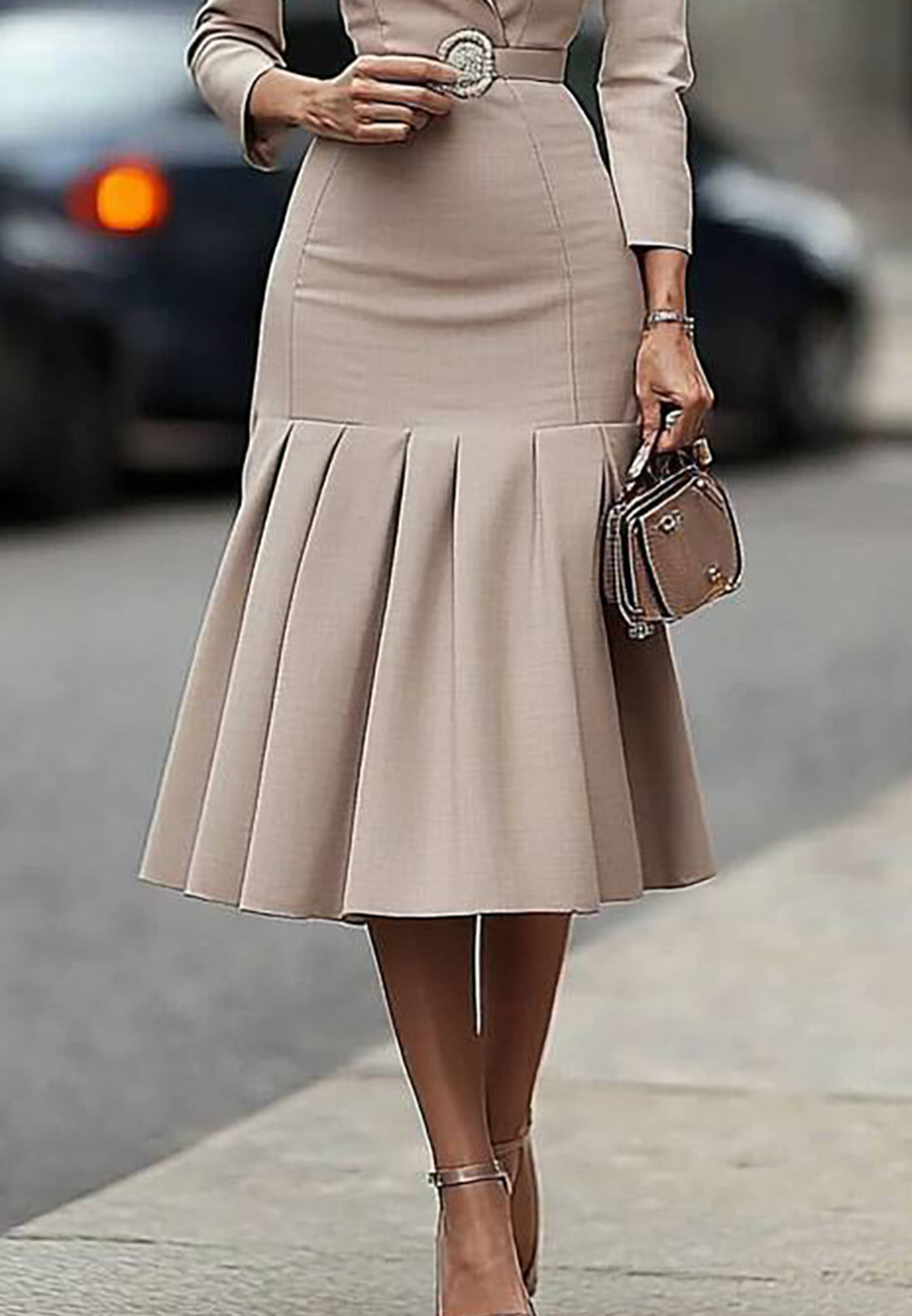 Work Business Blazer Dress Lapel Tie Belt Pleated Dress
