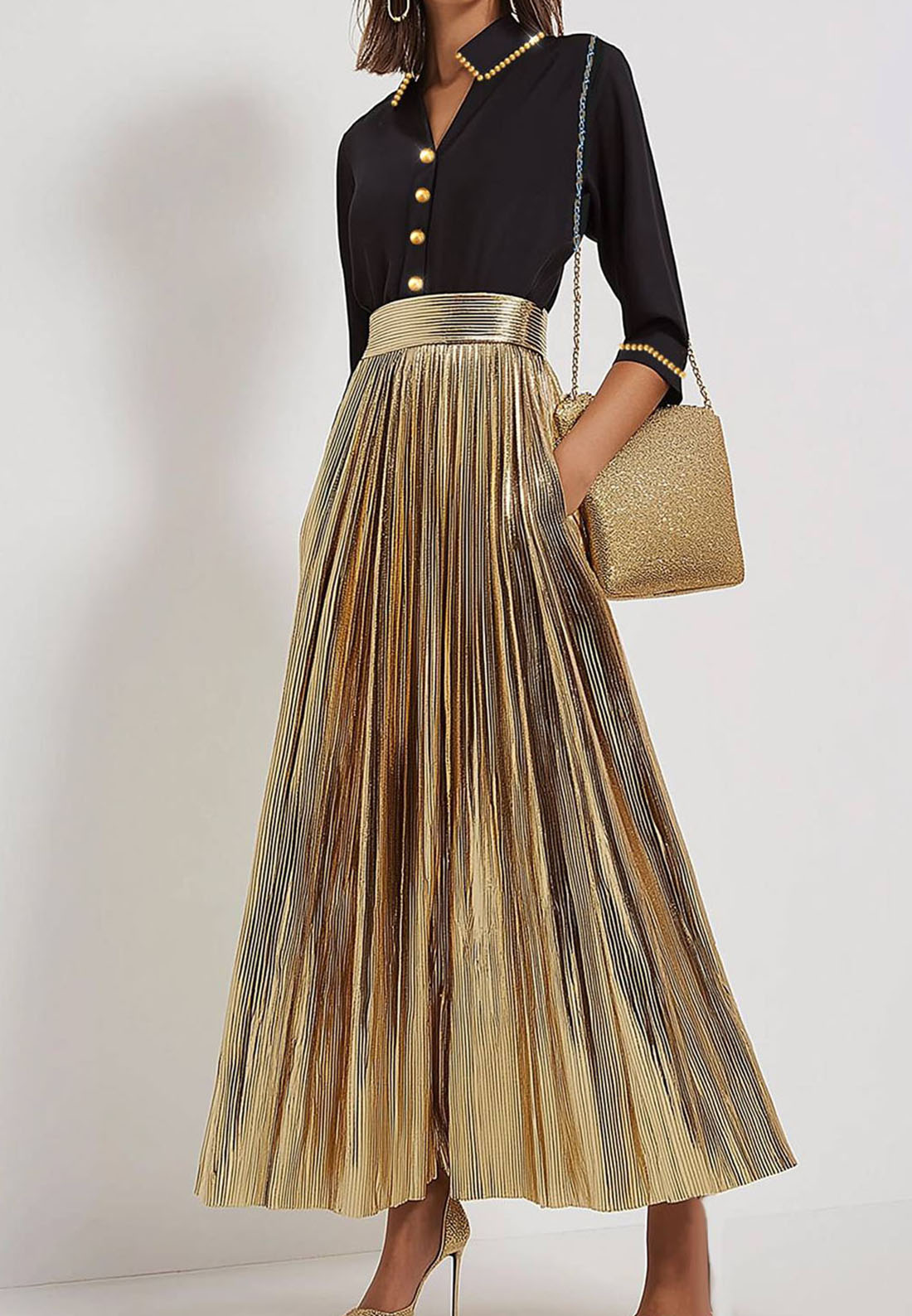 Work Daily Black Gold Dress Metallic Pleated Stavnd A-Line Dress Loveiss Work Daily Black Gold Dress Metallic Pleated Stavnd A-Line Dress Loveiss