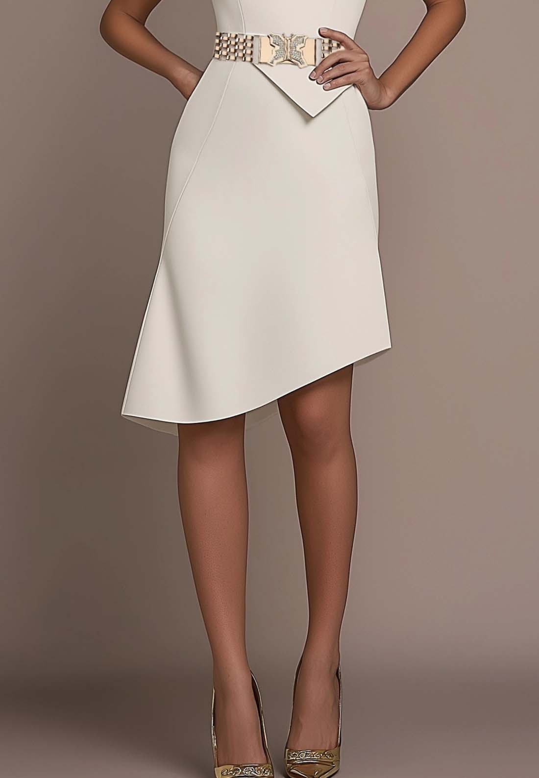Work Dress White Sleeveless Waistbelt Asymmetric Knee-Length Dress