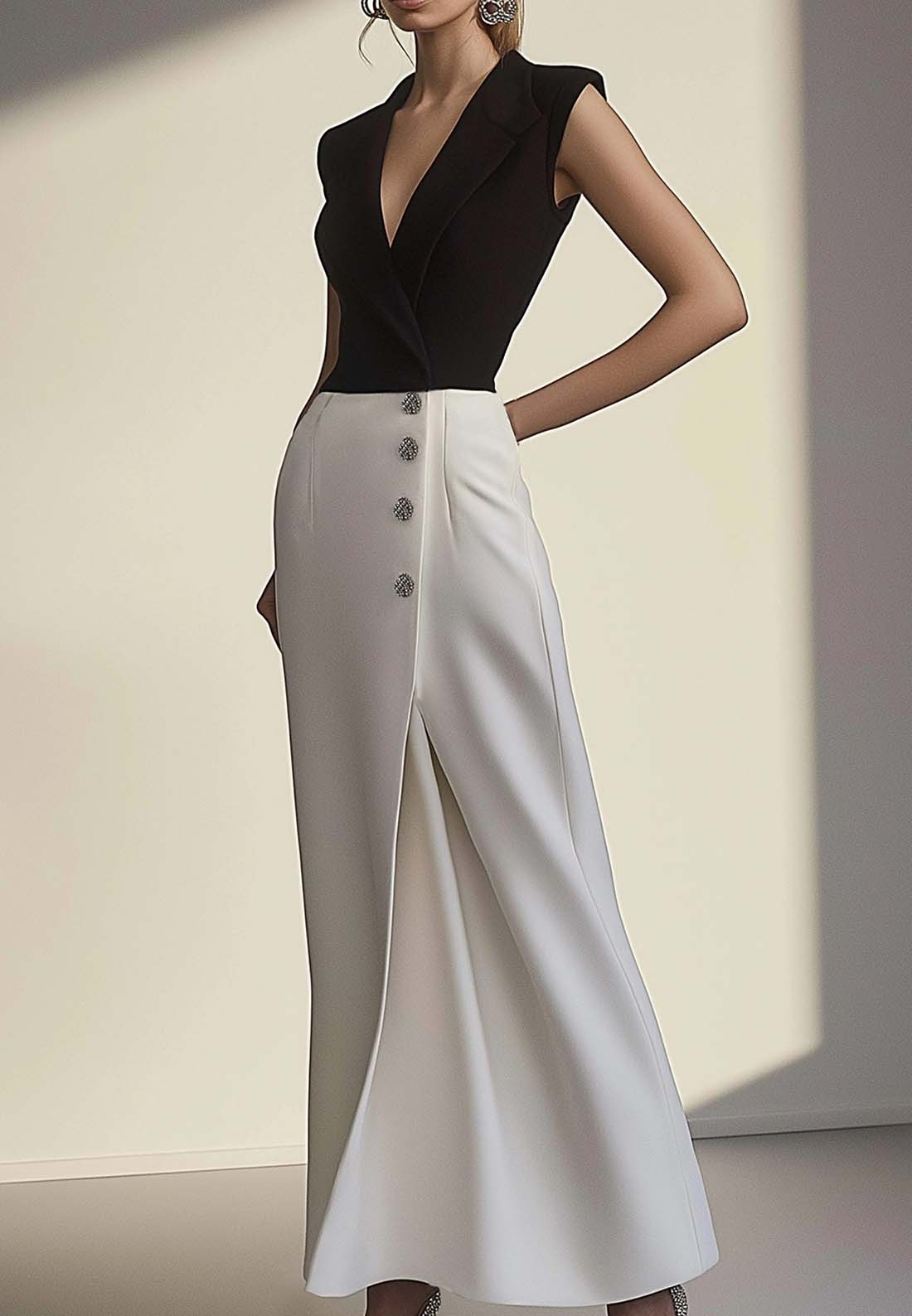Work Semi-Formal Dress Black and White Lapel V-Neck Maxi Dress