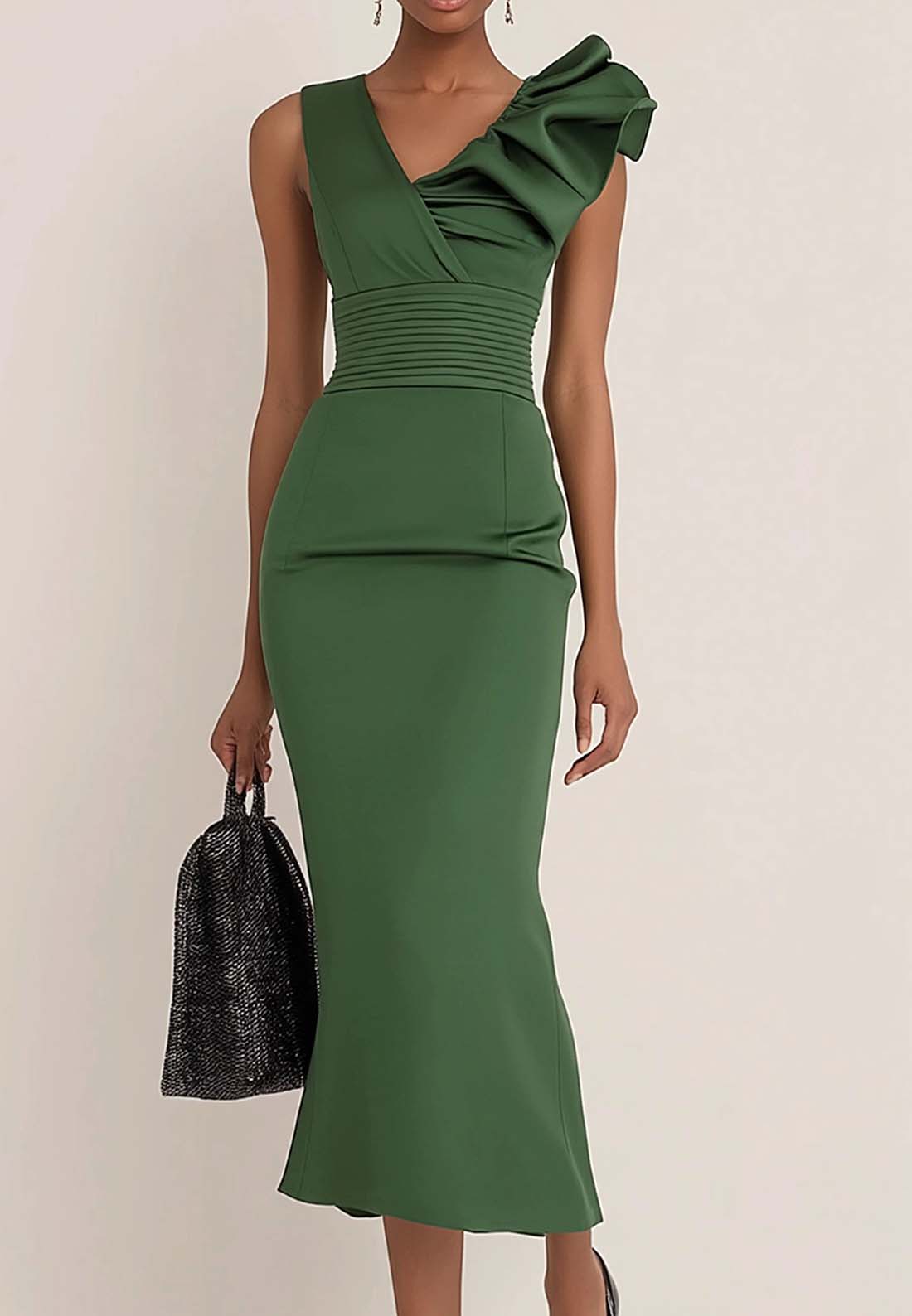 Work Semi-Formal Dress Green Sleeveless Ruffle Fitted Midi Dress Work Semi-Formal Dress Green Sleeveless Ruffle Fitted Midi Dress