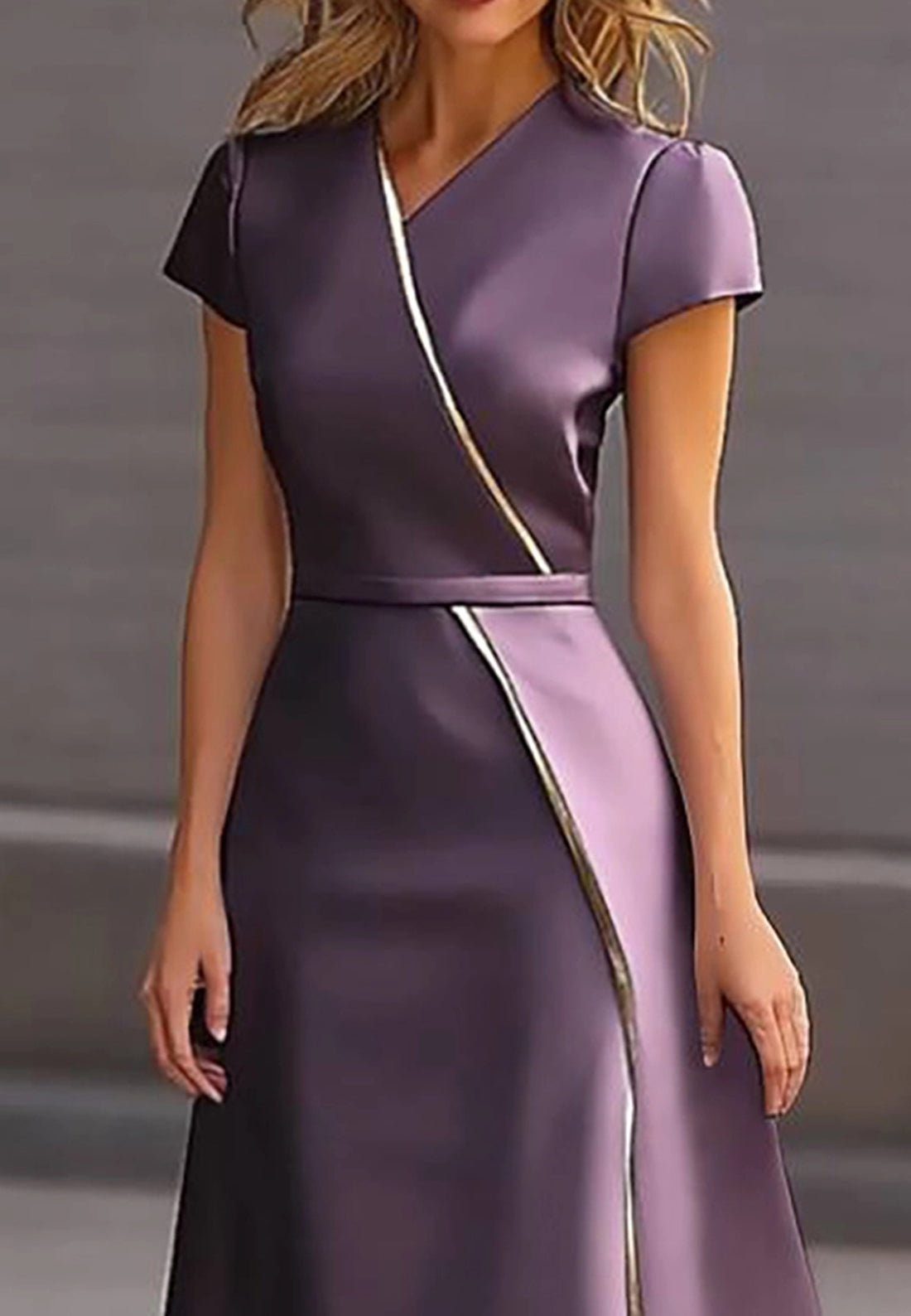 Work Semi-Formal Dress Purple Cross Neck Short Sleeve Midi Dress