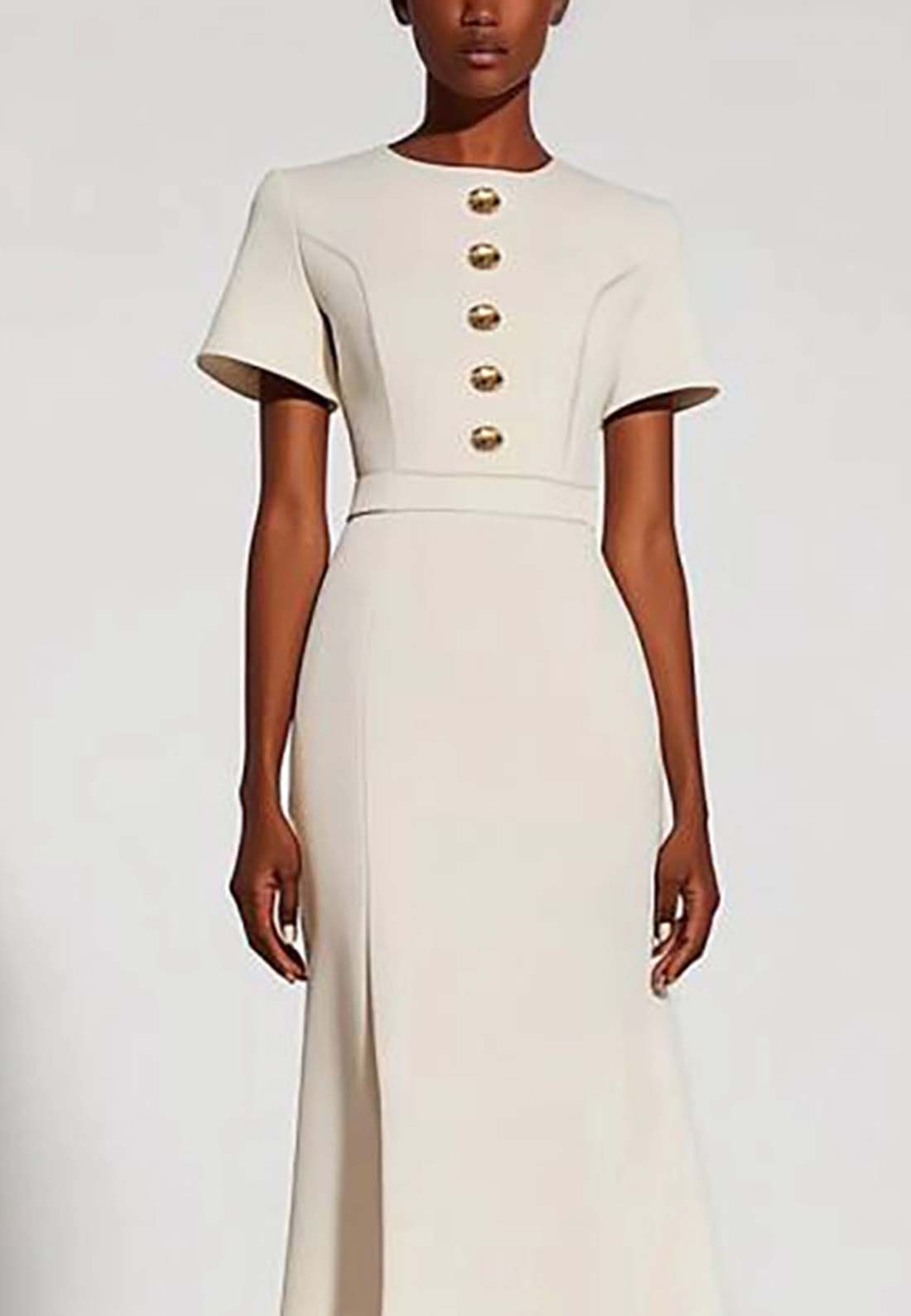 Work Semi-Formal Dress White Round Neck Button Short Sleeve Maxi Dress
