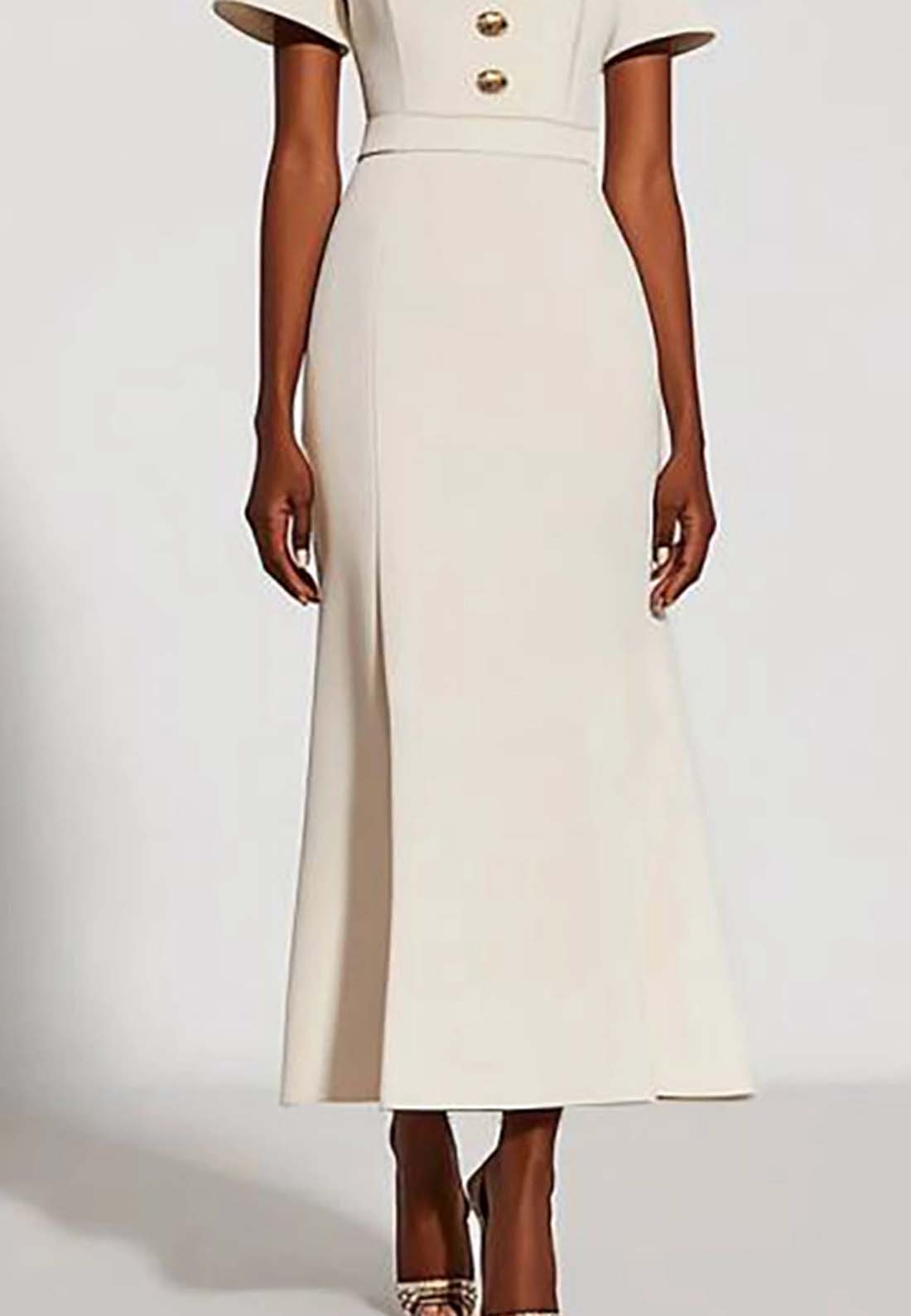 Work Semi-Formal Dress White Round Neck Button Short Sleeve Maxi Dress