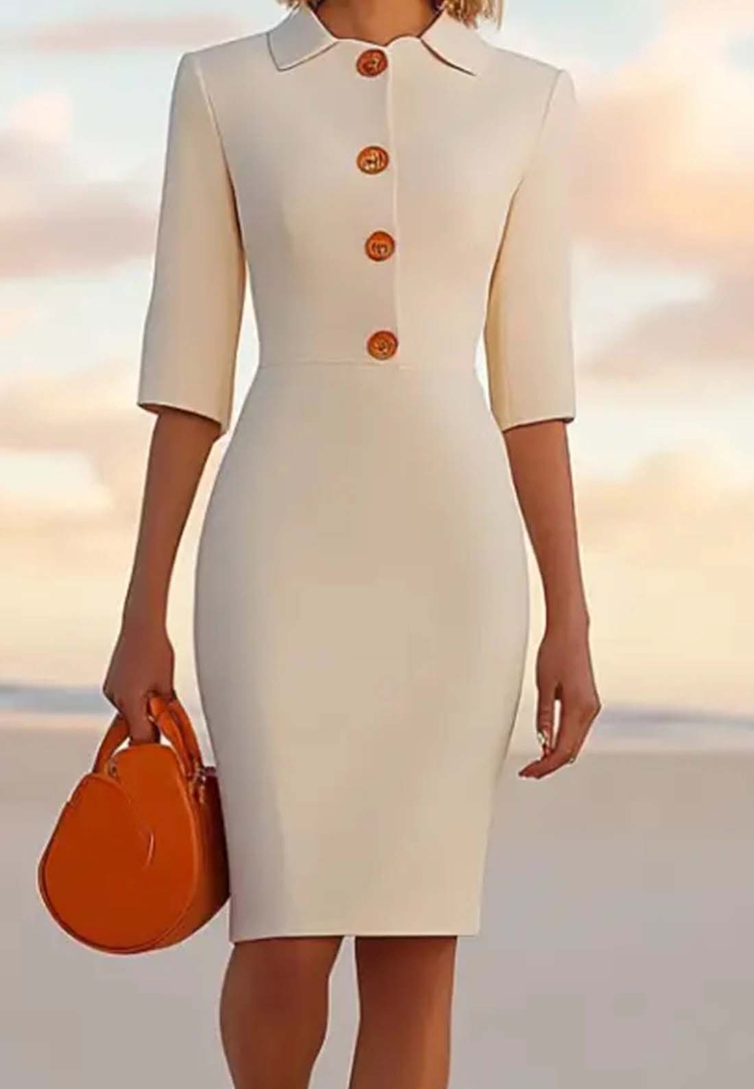 Work Semi-Formal White Dress Long Sleeve Bottoned Lapel Midi Dress