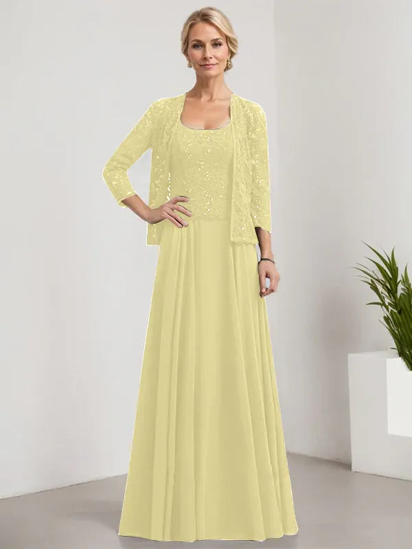 A-line Square Floor-Length Lace Chiffon Mother of the Bride Dress With Sequins