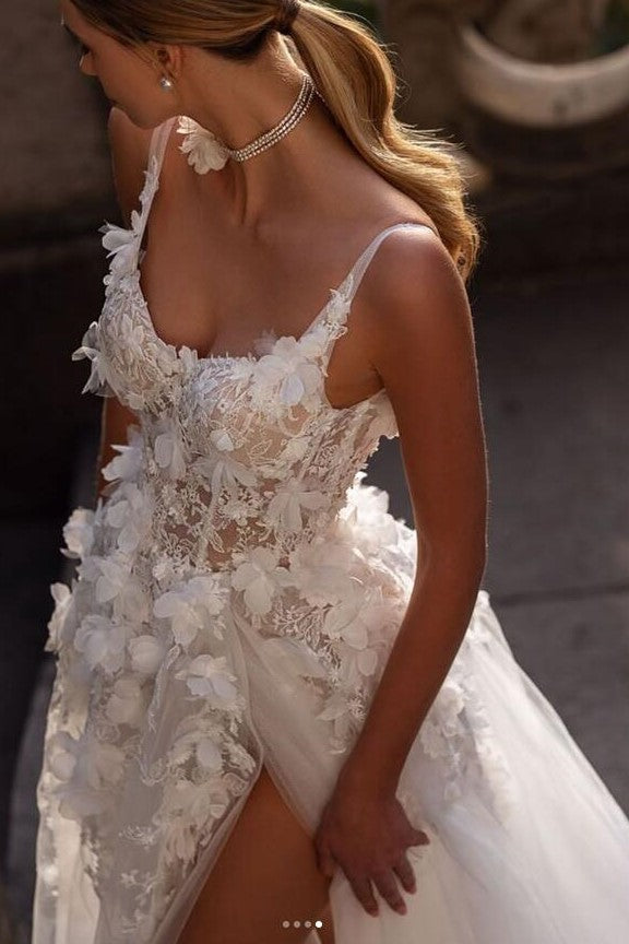 A-line Flowers Wedding Gown with Appliqued Semi-sheer Bodice