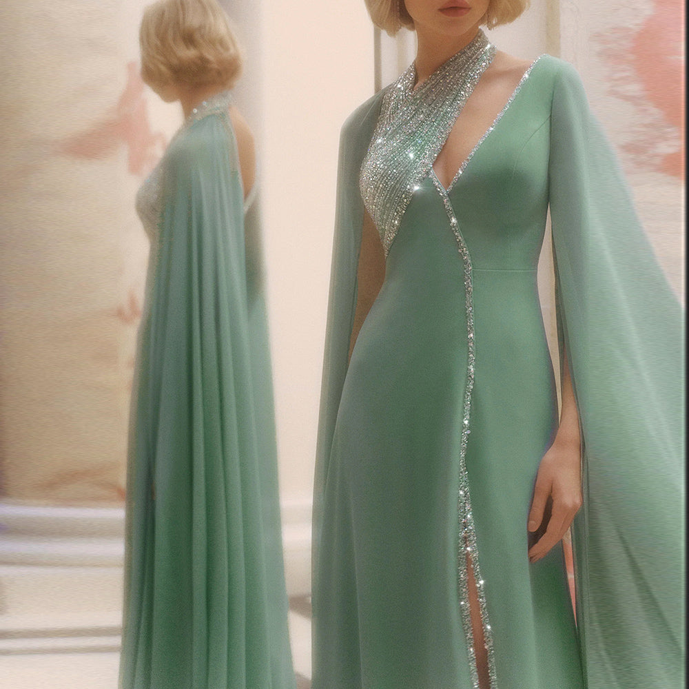 Luxury Beaded Turquoise Chiffon Evening Dress with Cape Sleeves