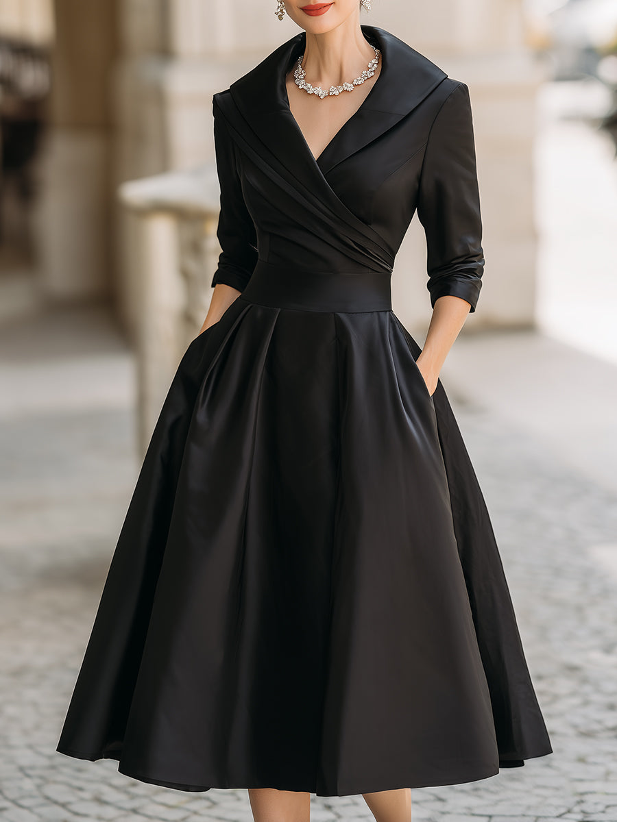 Vintage-Inspired Satin Midi Dress With Draped Collar Loveiss Vintage-Inspired Satin Midi Dress With Draped Collar Loveiss