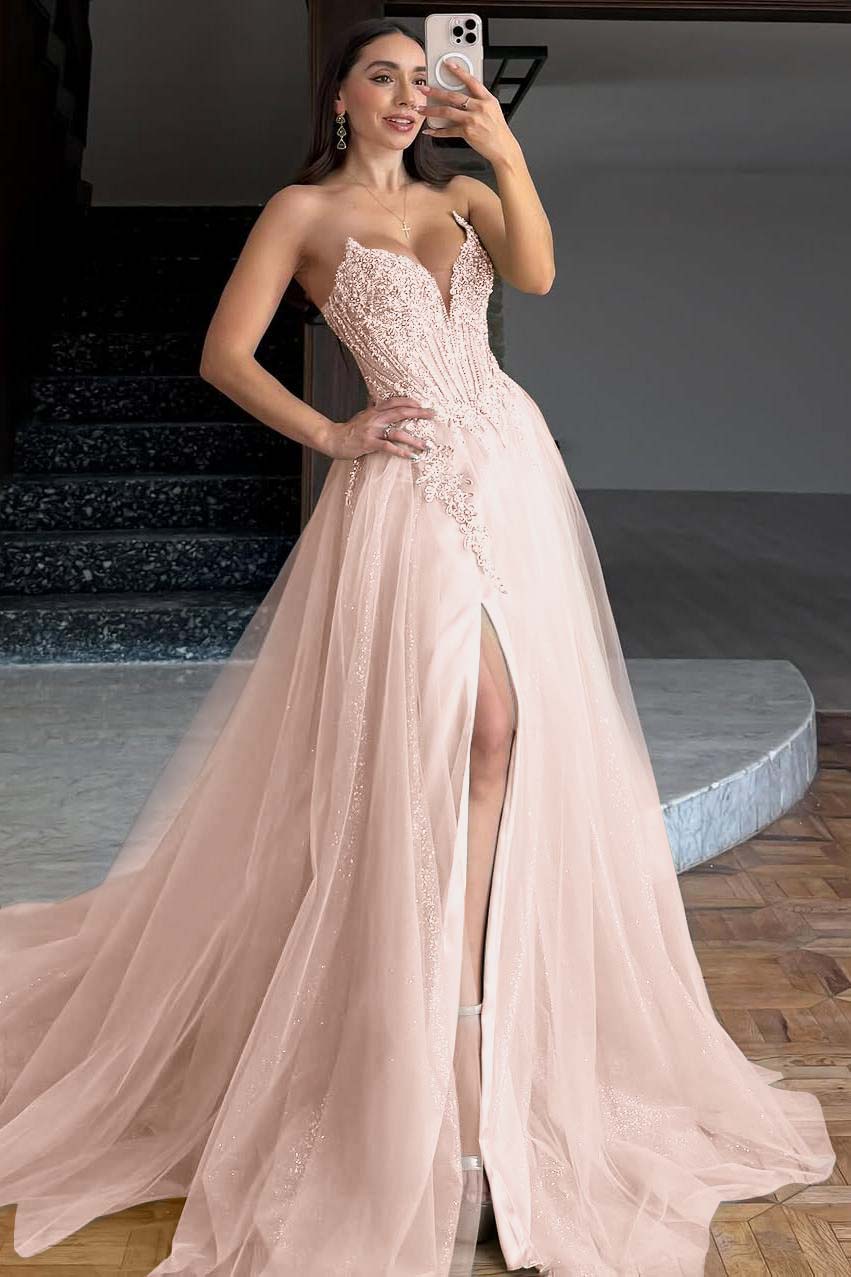 Lussooy Stunning Champagne Strapless Sleeveless Beaded Prom Dress with Scarf