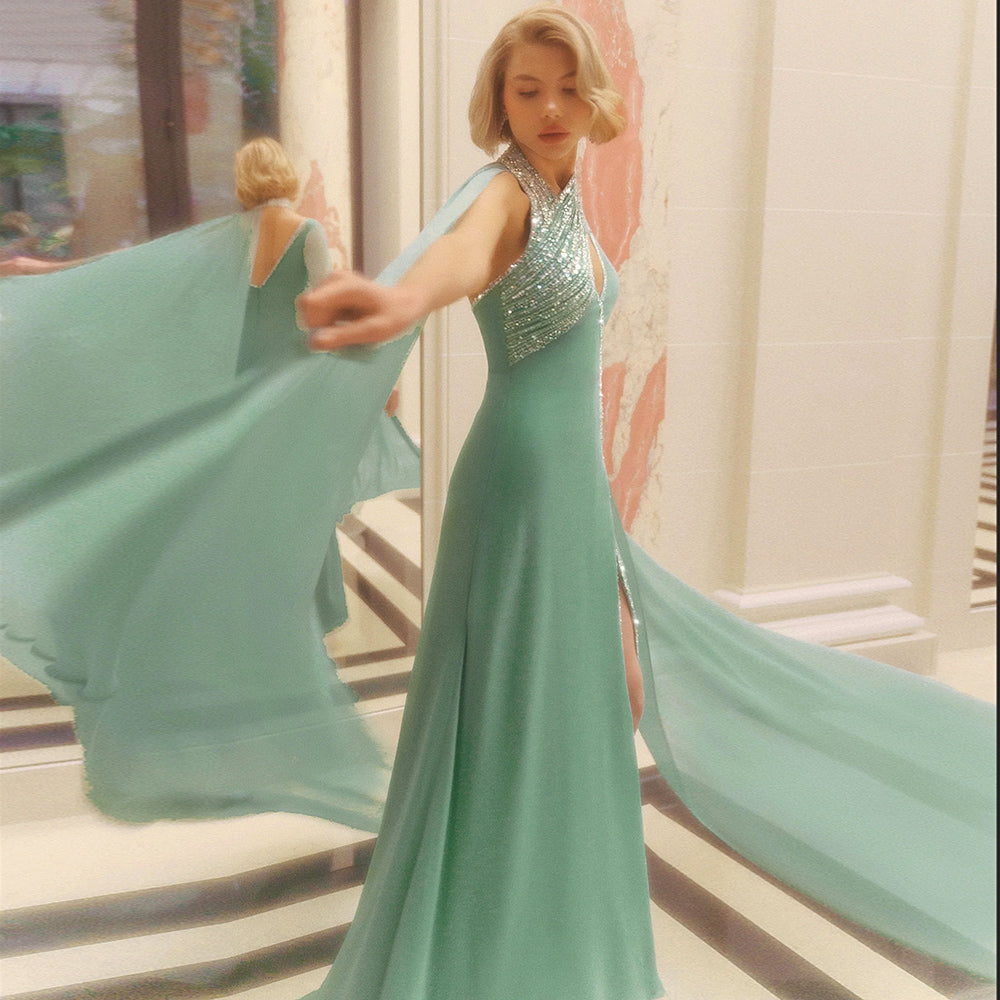 Luxury Beaded Turquoise Chiffon Evening Dress with Cape Sleeves